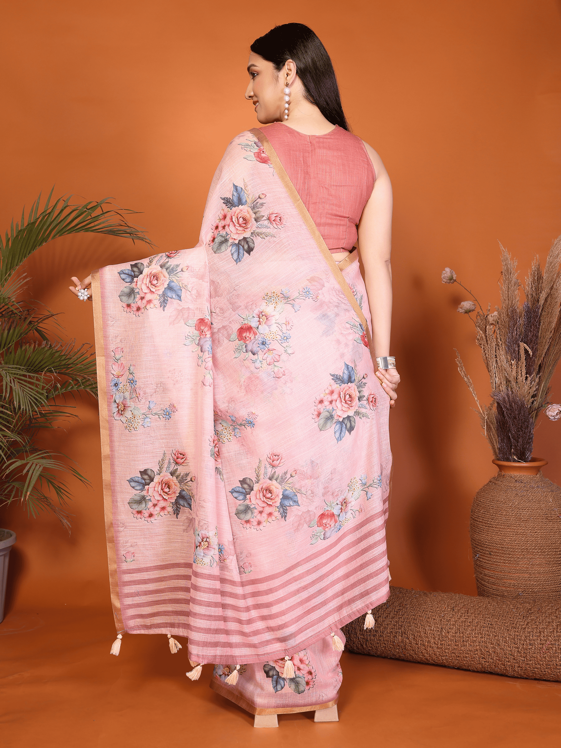 Pink Floral Ready-to-Wear Saree with Gold Border, Pocket and Tassels