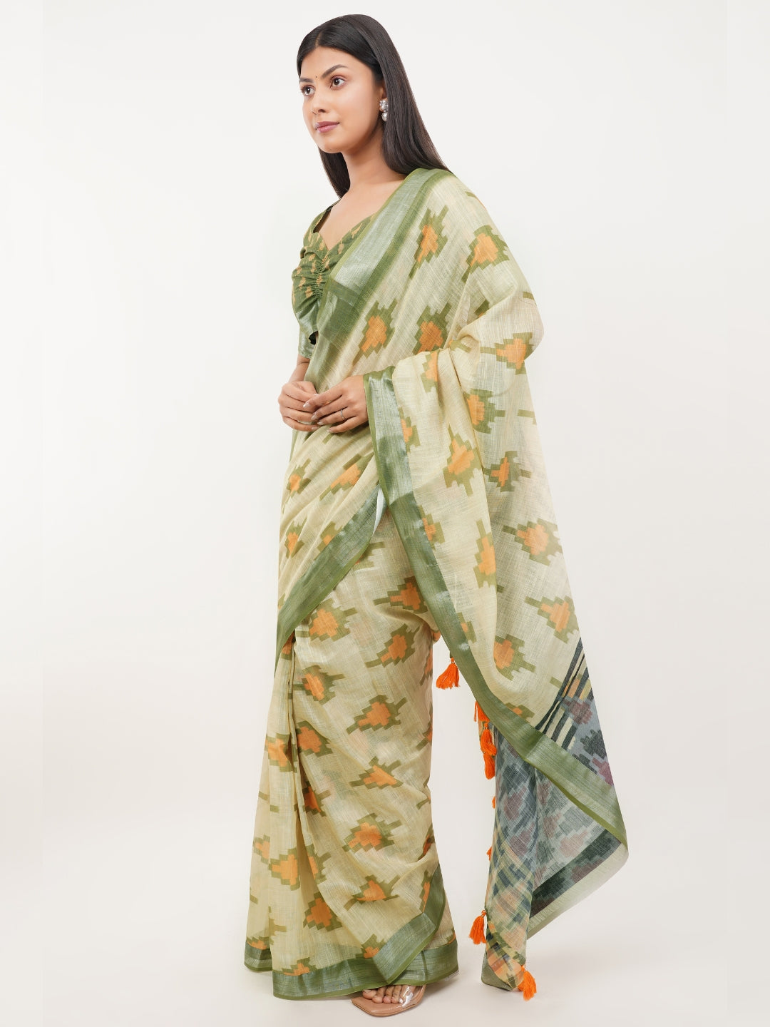 Samantha Pista Green Ikat Printed Linen Ready-to-Wear Saree with Pocket