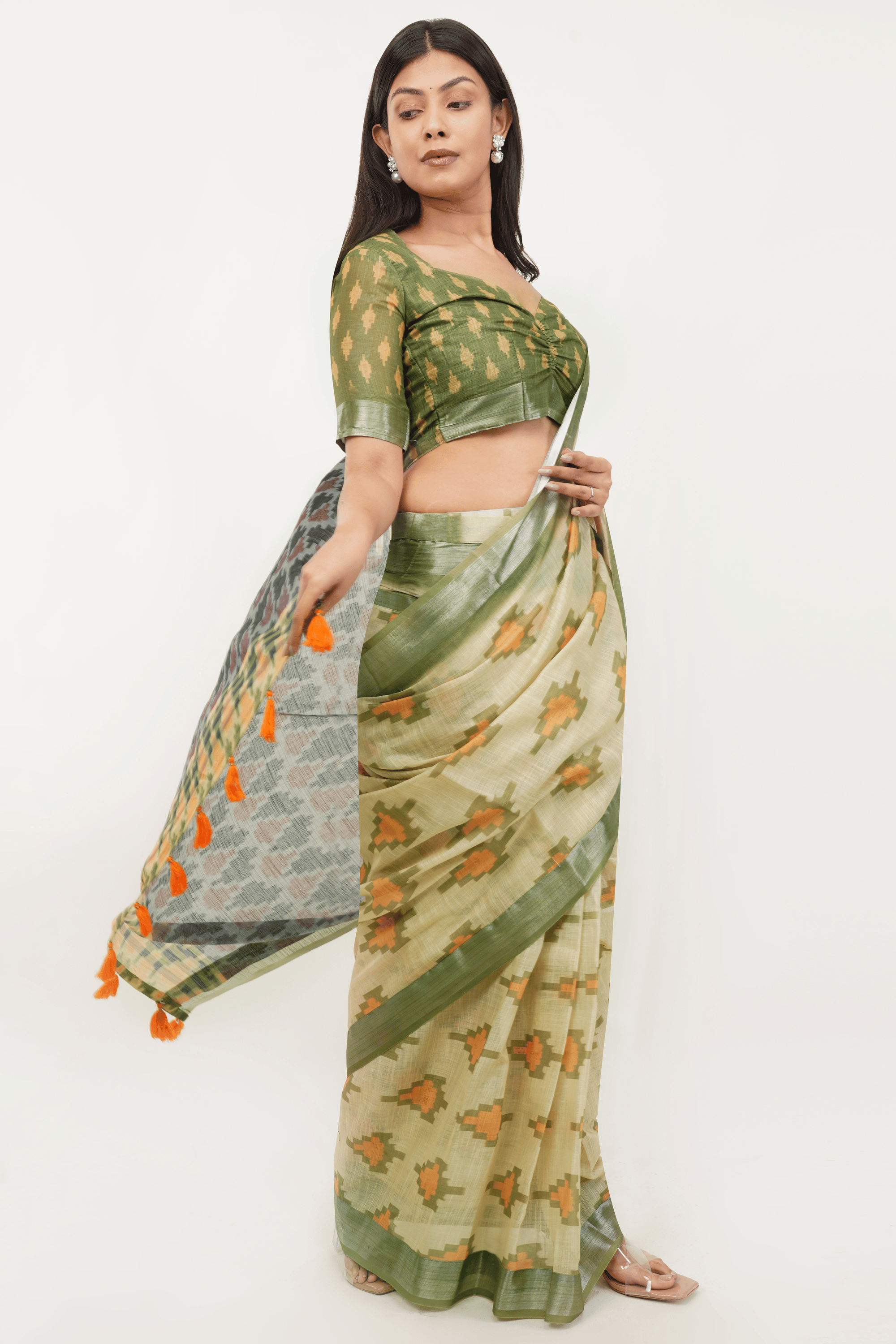 Samantha Pista Green Ikat Printed Linen Ready-to-Wear Saree with Pocket