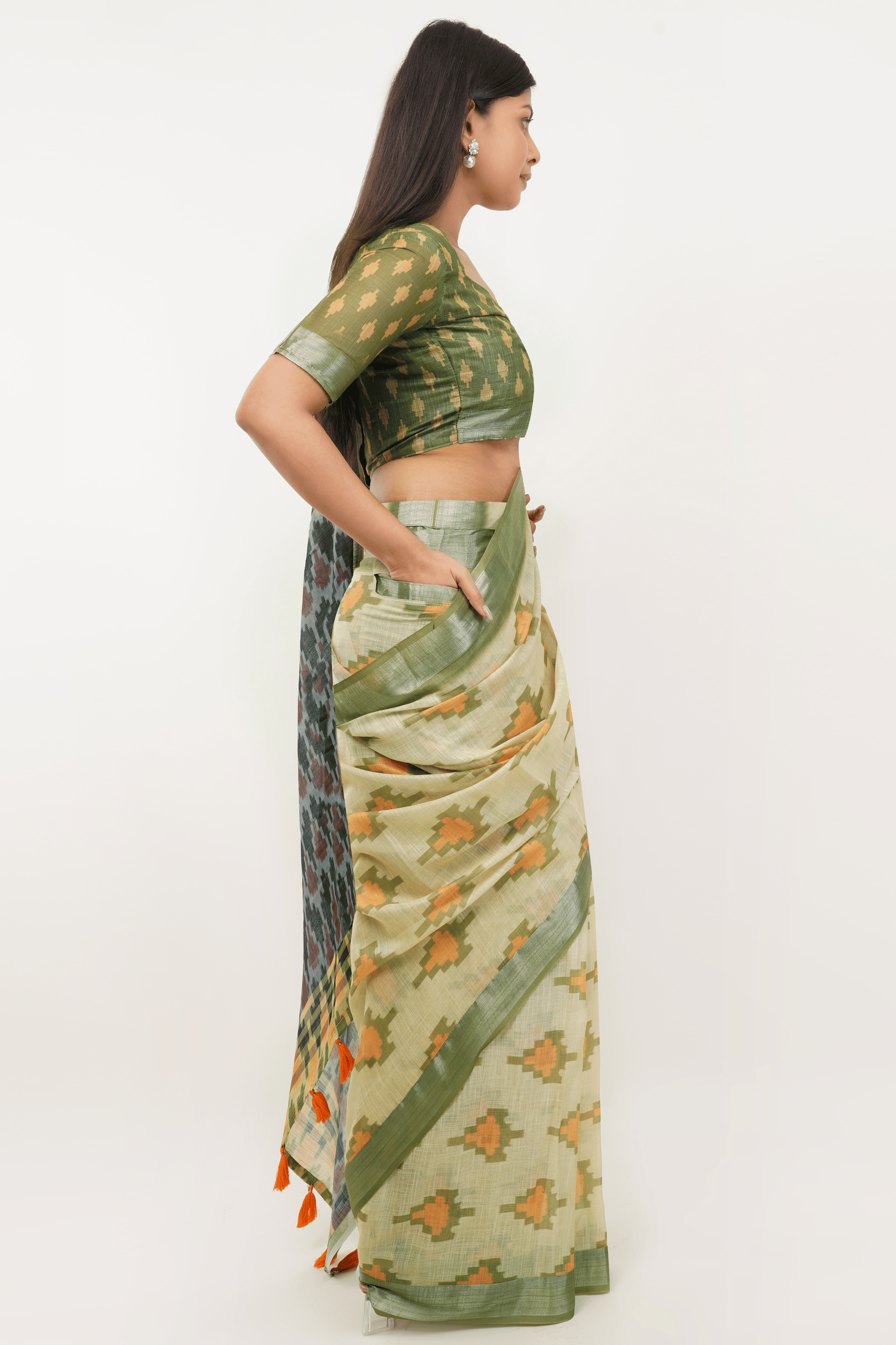 Samantha Pista Green Ikat Printed Linen Ready-to-Wear Saree with Pocket
