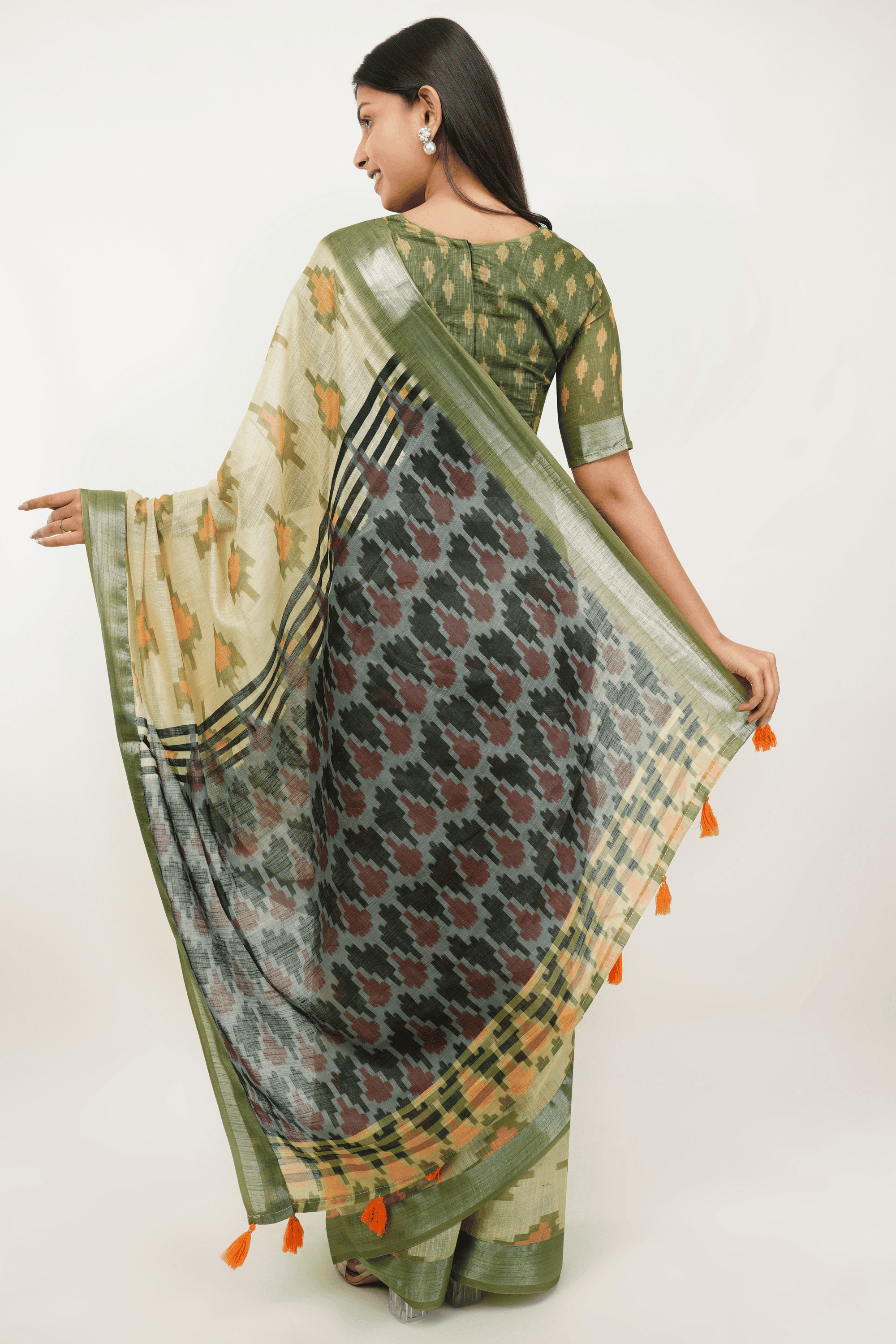Samantha Pista Green Ikat Printed Linen Ready-to-Wear Saree with Pocket