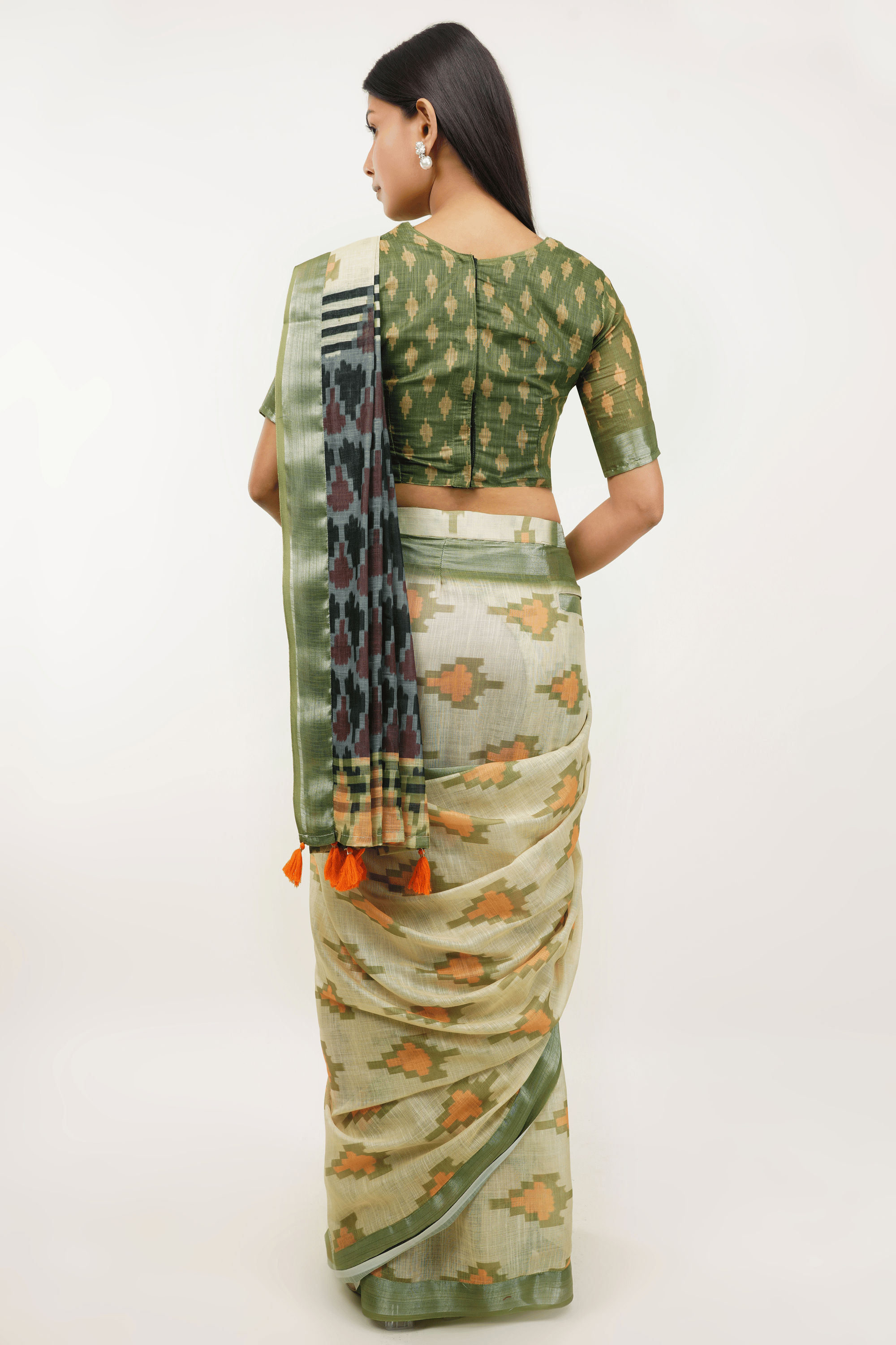 Samantha Pista Green Ikat Printed Linen Ready-to-Wear Saree with Pocket