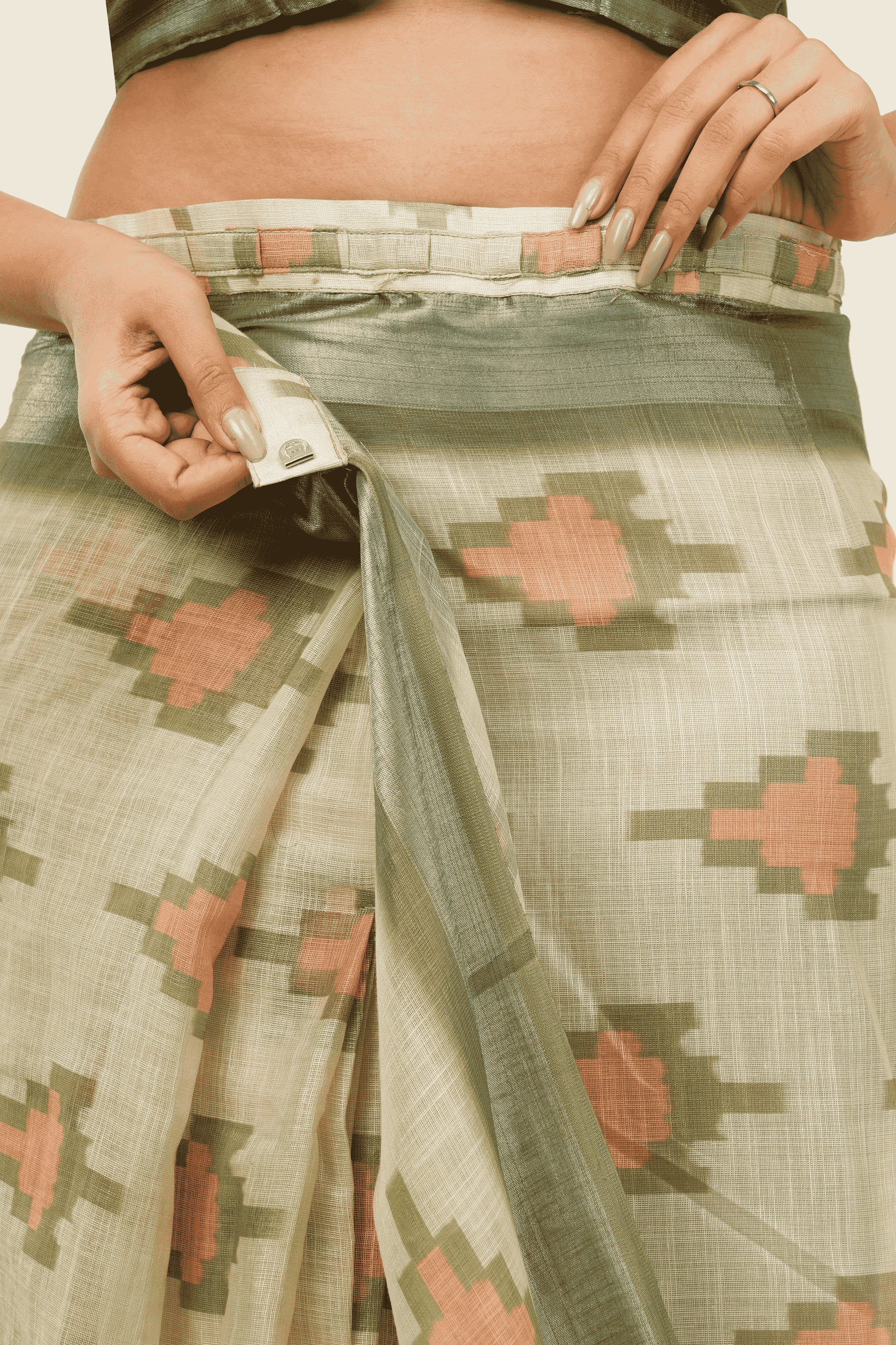 Samantha Pista Green Ikat Printed Linen Ready-to-Wear Saree with Pocket