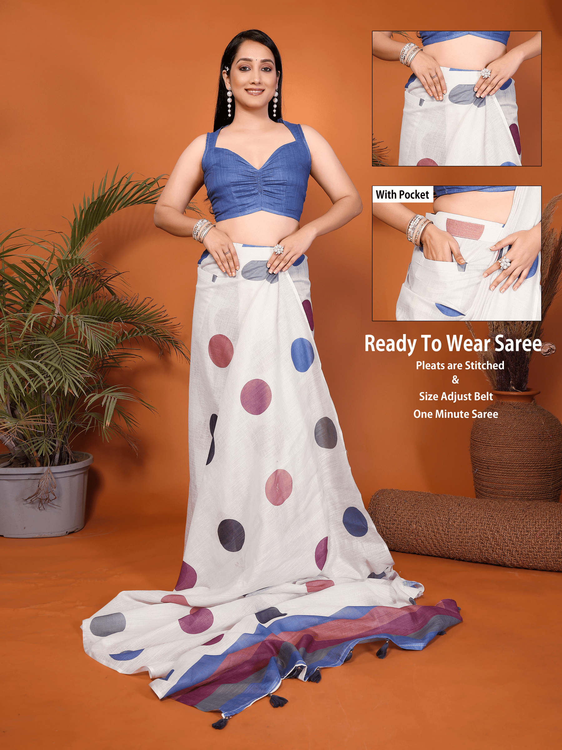 White Polka Dot Ready-to-Wear Saree with Multicolor Border, Pocket and Tassels