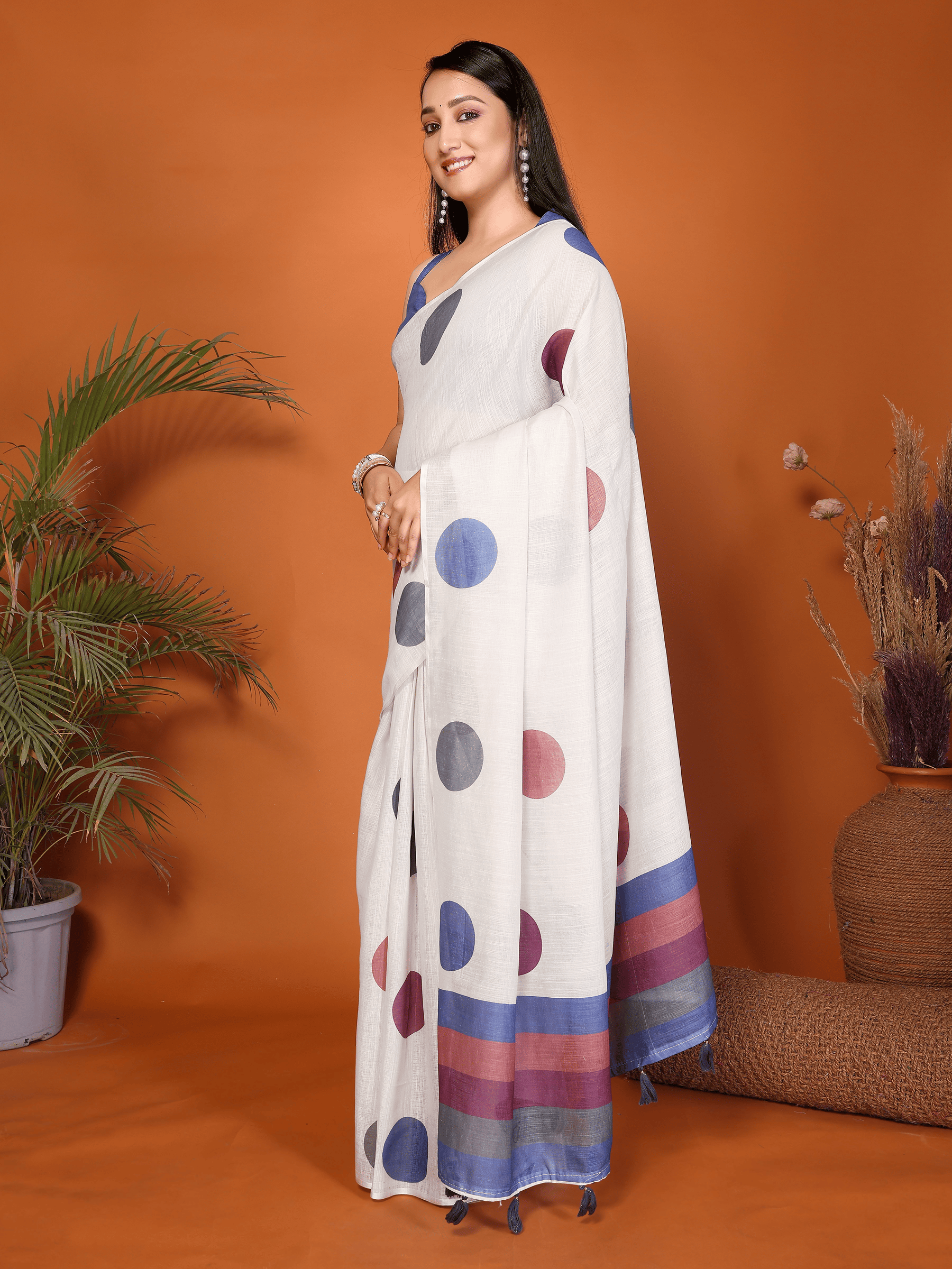 White Polka Dot Ready-to-Wear Saree with Multicolor Border, Pocket and Tassels
