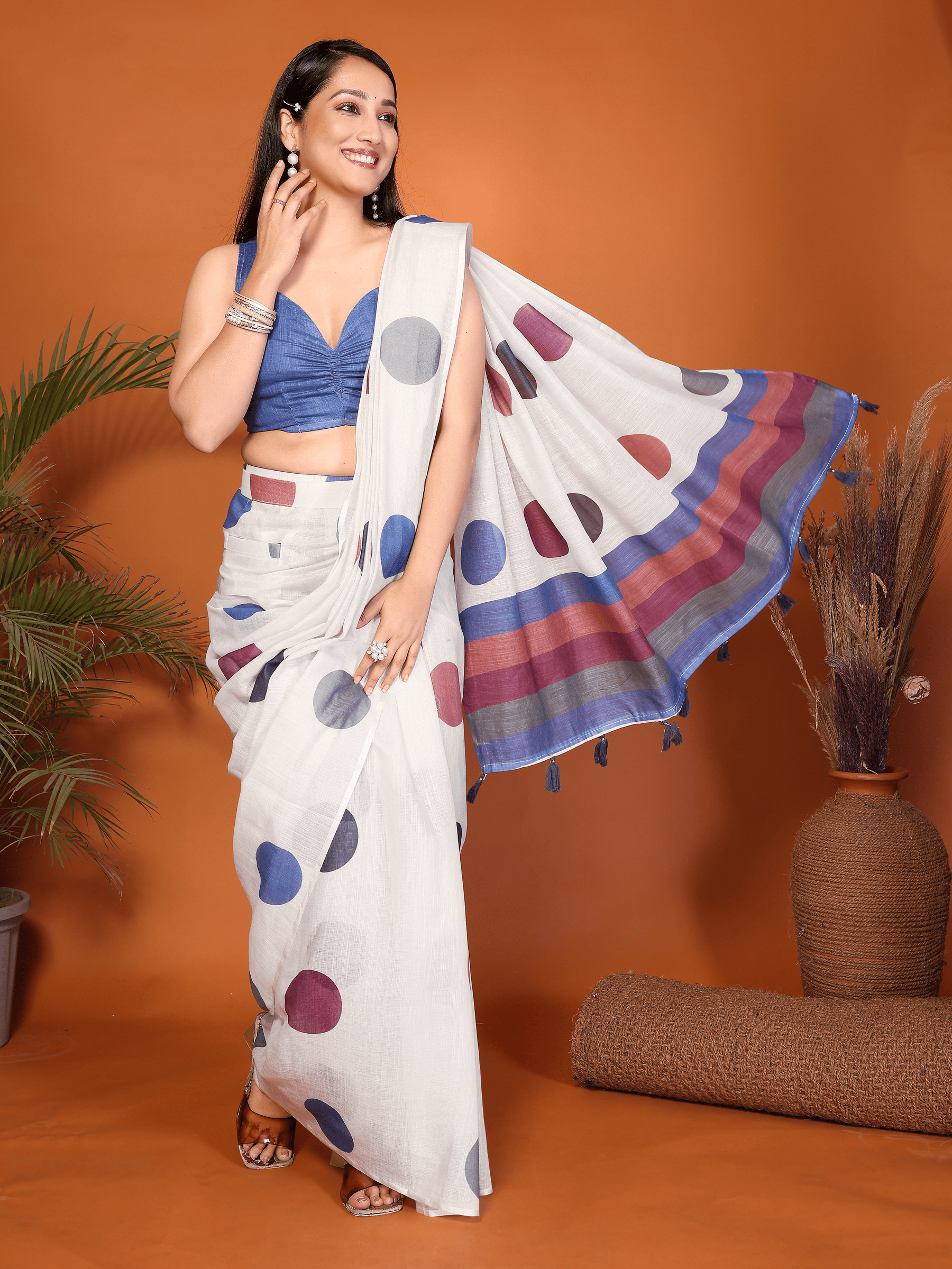 White Polka Dot Ready-to-Wear Saree with Multicolor Border, Pocket and Tassels