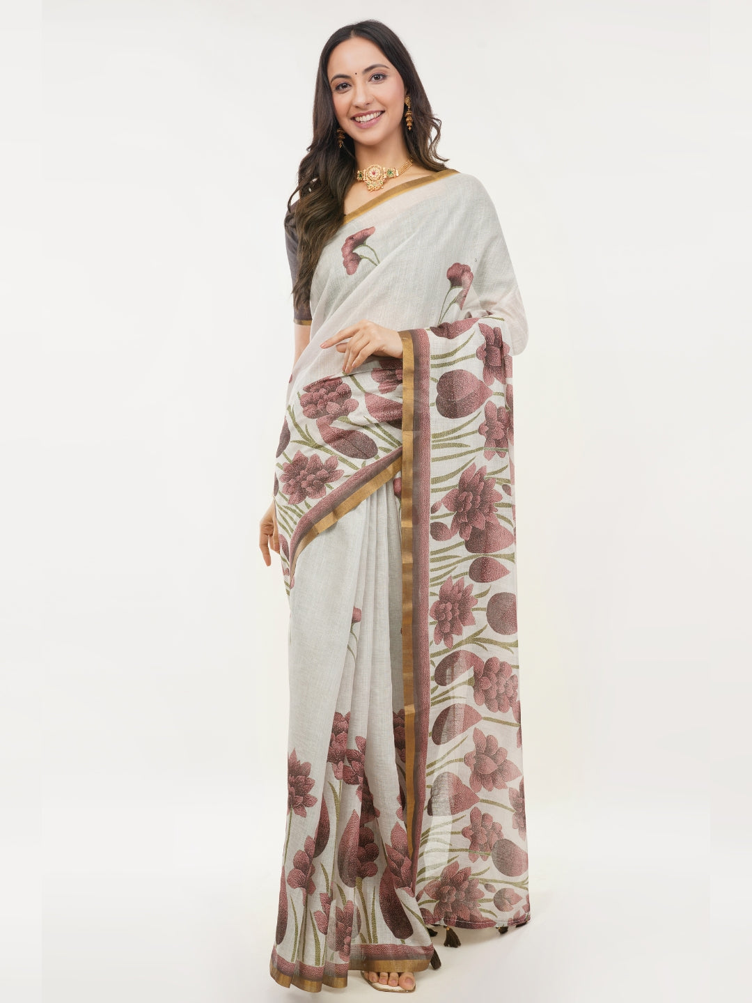 Samantha Off White Tropical Rose Printed Linen Saree with Self-Woven Border