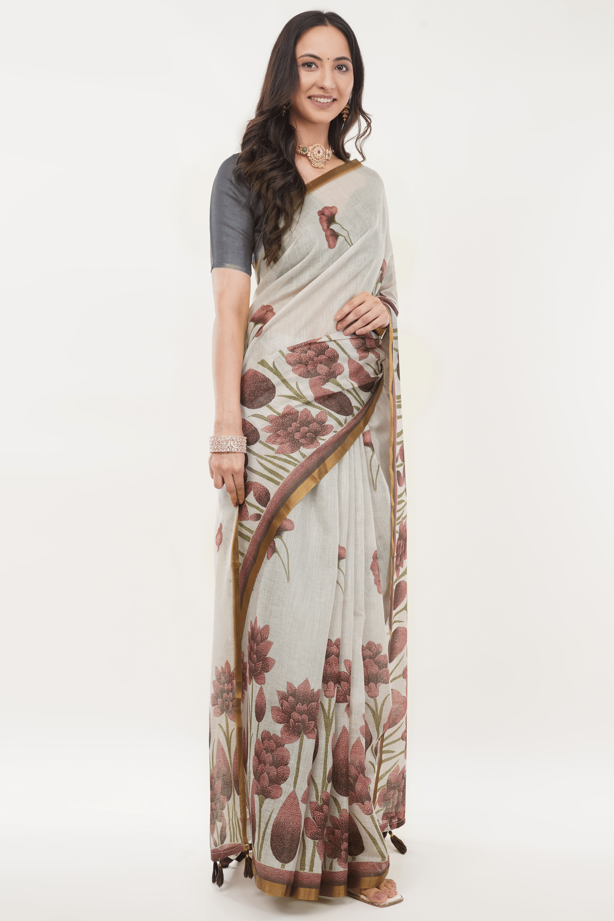 Samantha Off White Tropical Rose Printed Linen Saree with Self-Woven Border