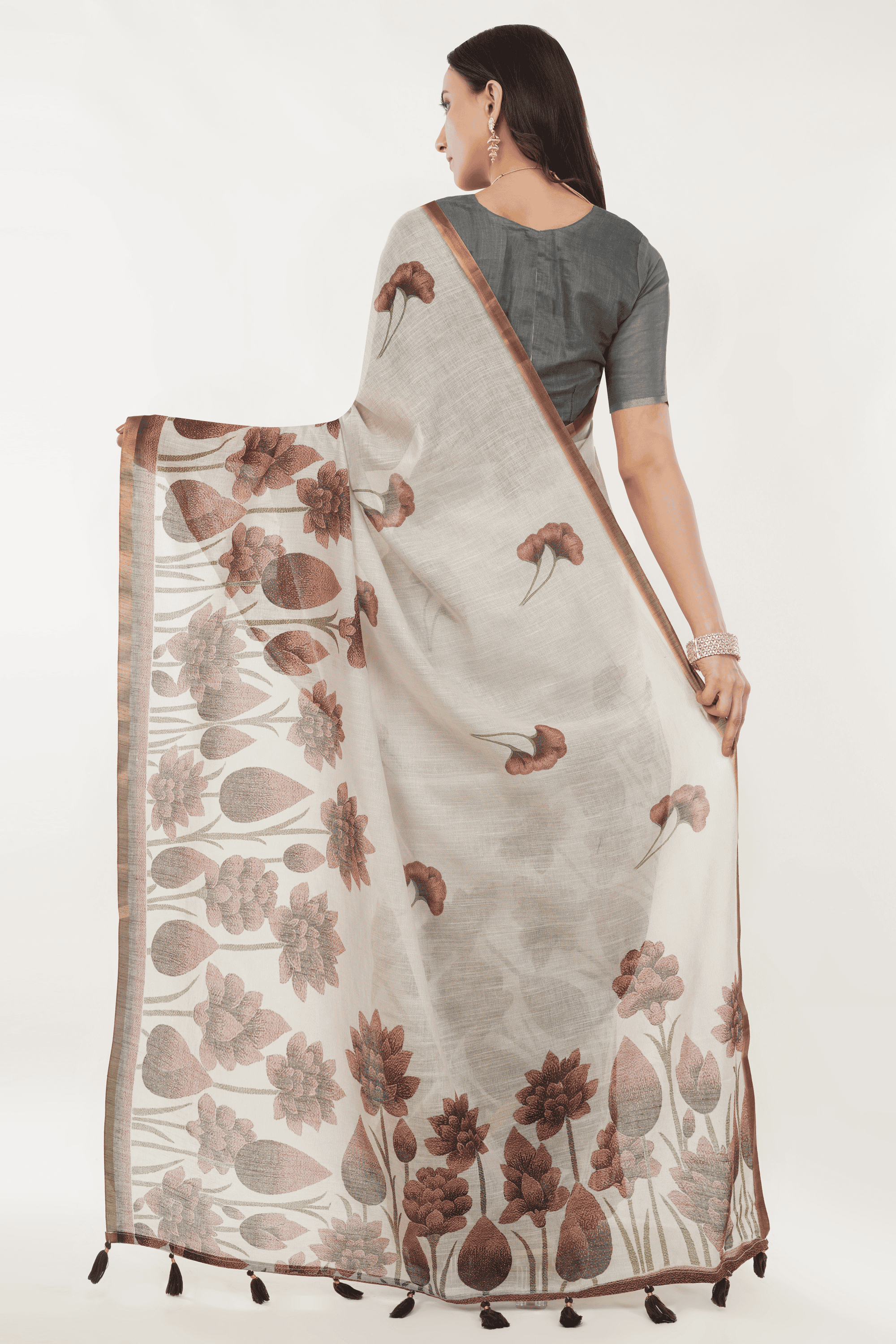 Samantha Off White Tropical Rose Printed Linen Saree with Self-Woven Border