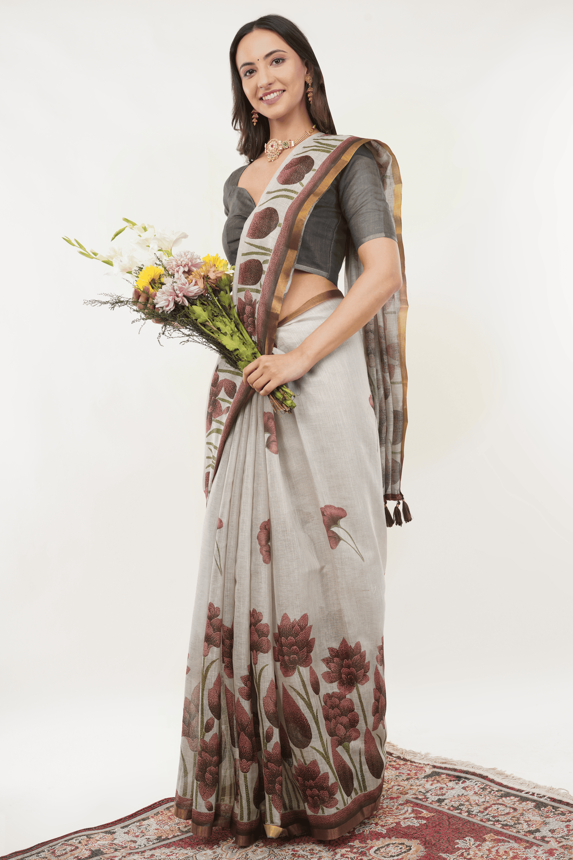 Samantha Off White Tropical Rose Printed Linen Saree with Self-Woven Border