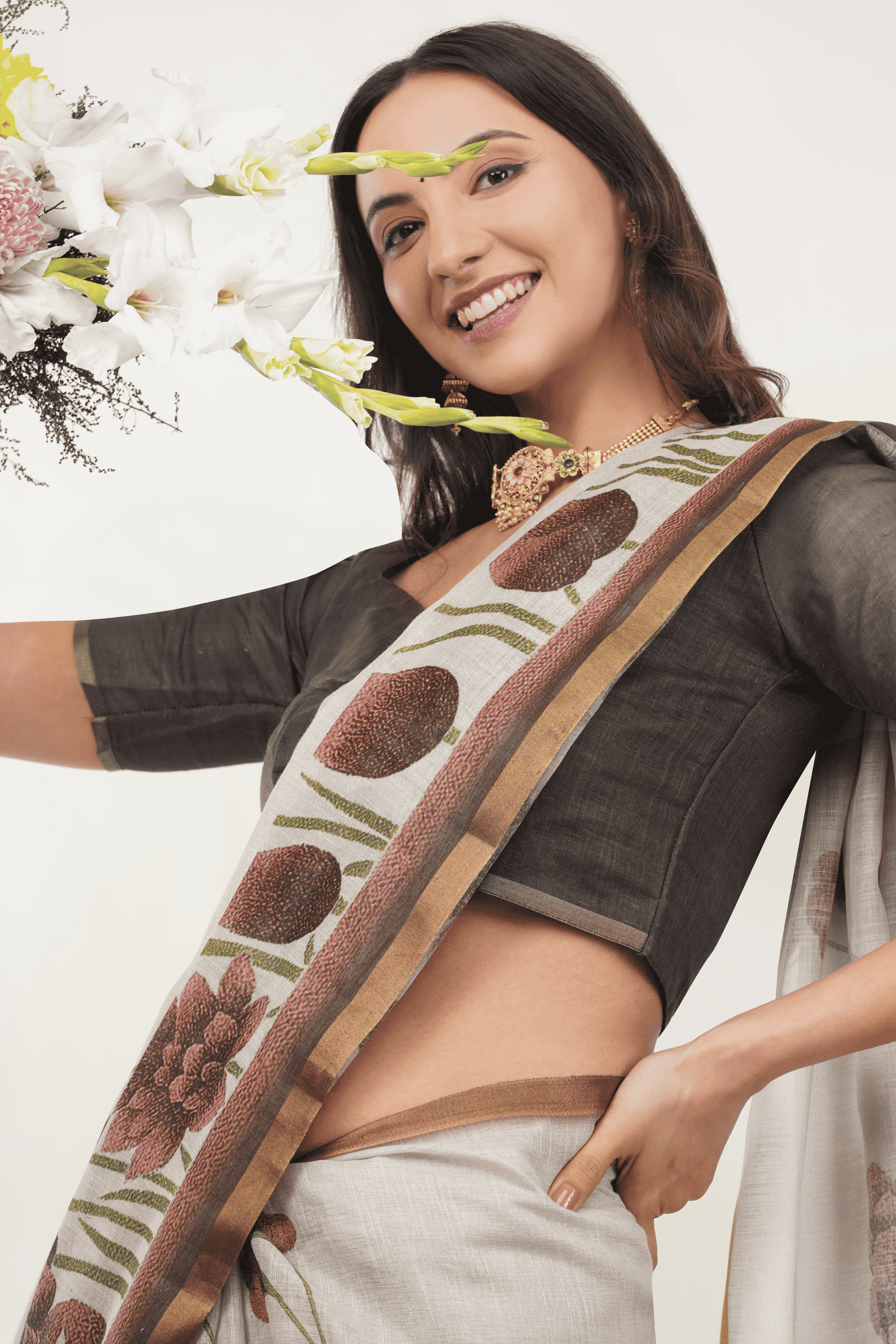Samantha Off White Tropical Rose Printed Linen Saree with Self-Woven Border