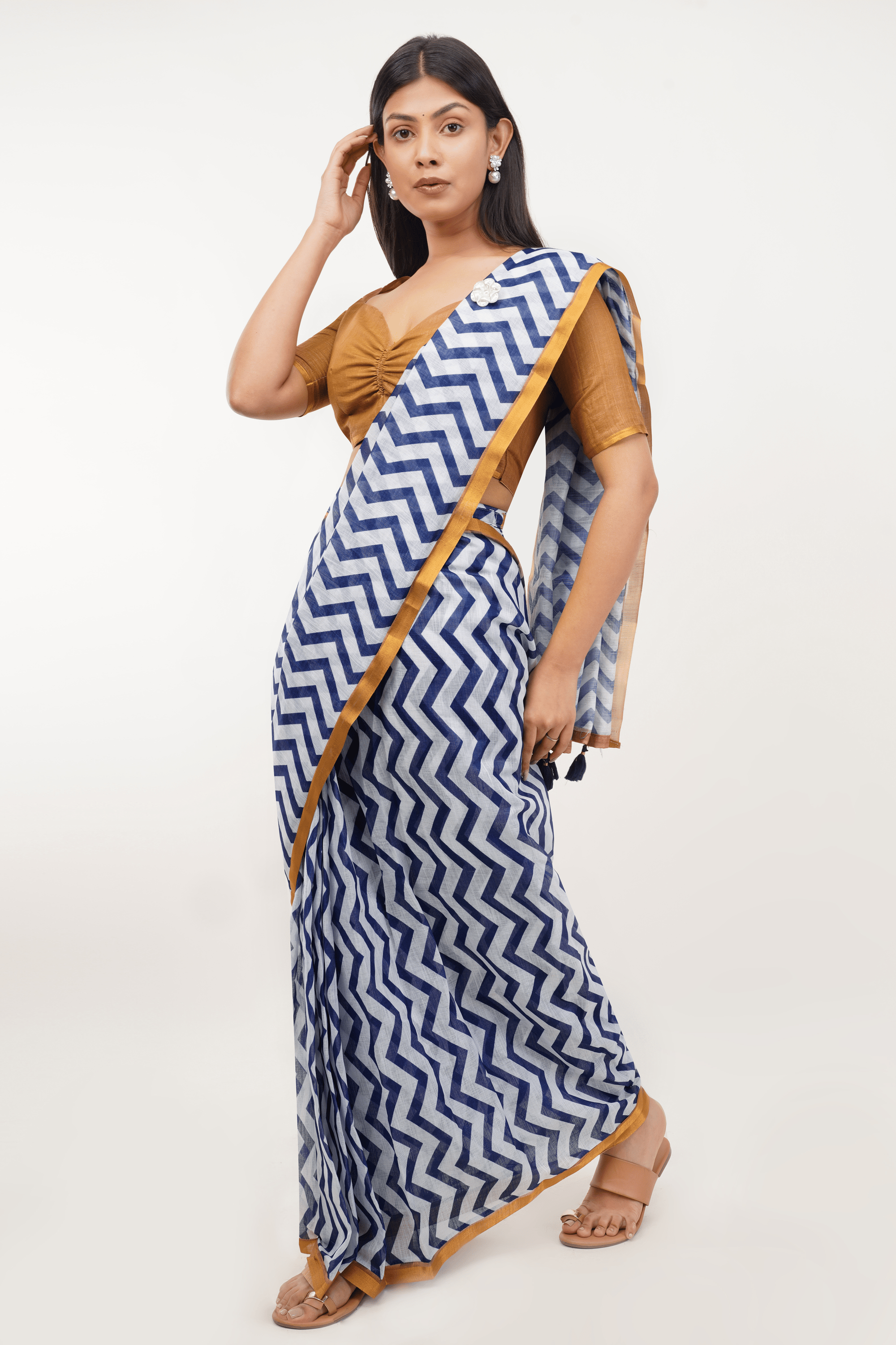 Samantha Blue & White Chevron Printed Ready-to-Wear Linen Saree with Pocket