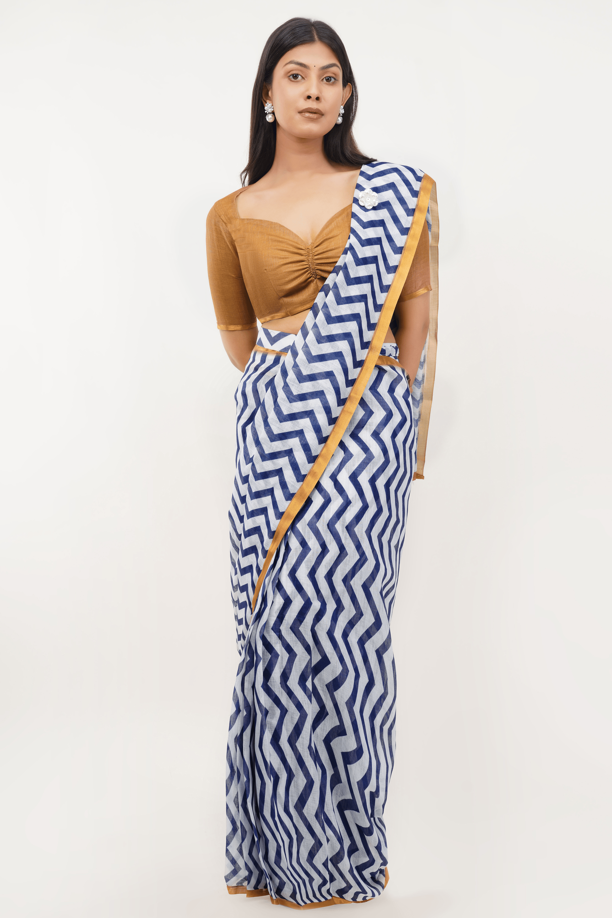 Samantha Blue & White Chevron Printed Ready-to-Wear Linen Saree with Pocket