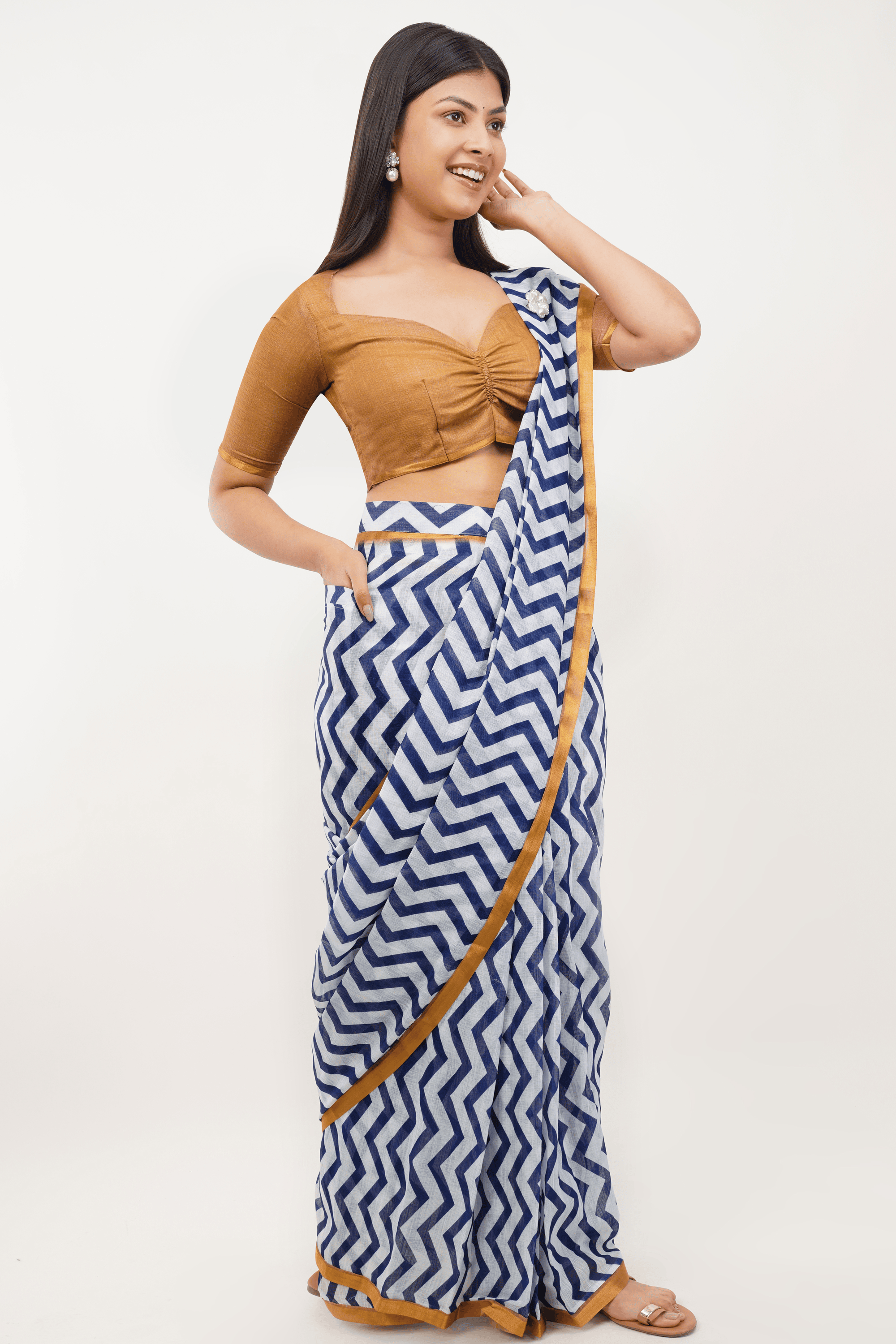 Samantha Blue & White Chevron Printed Ready-to-Wear Linen Saree with Pocket