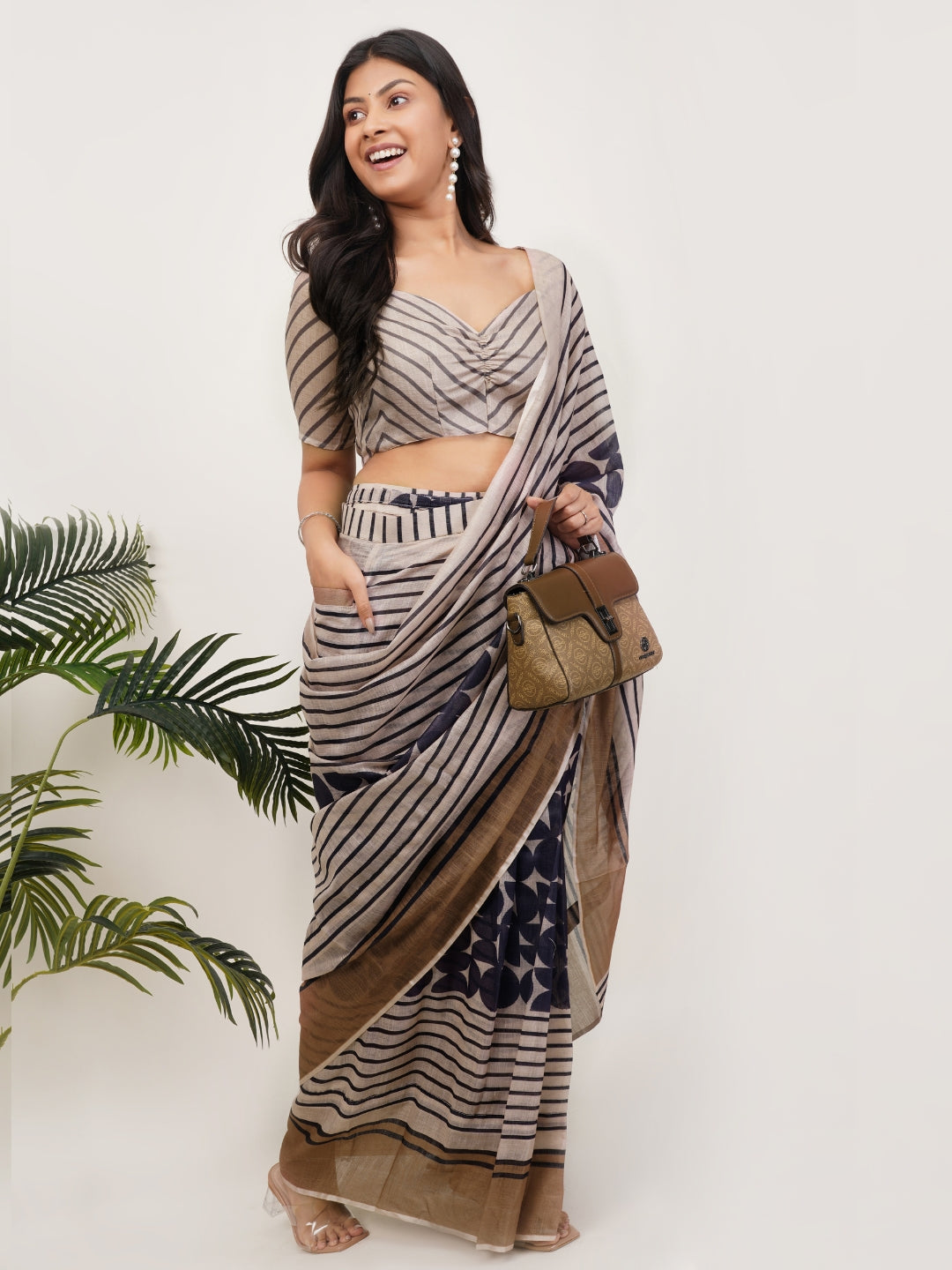 Samantha Sandalwood Beige Printed Ready-to-Wear Linen Saree with Pocket