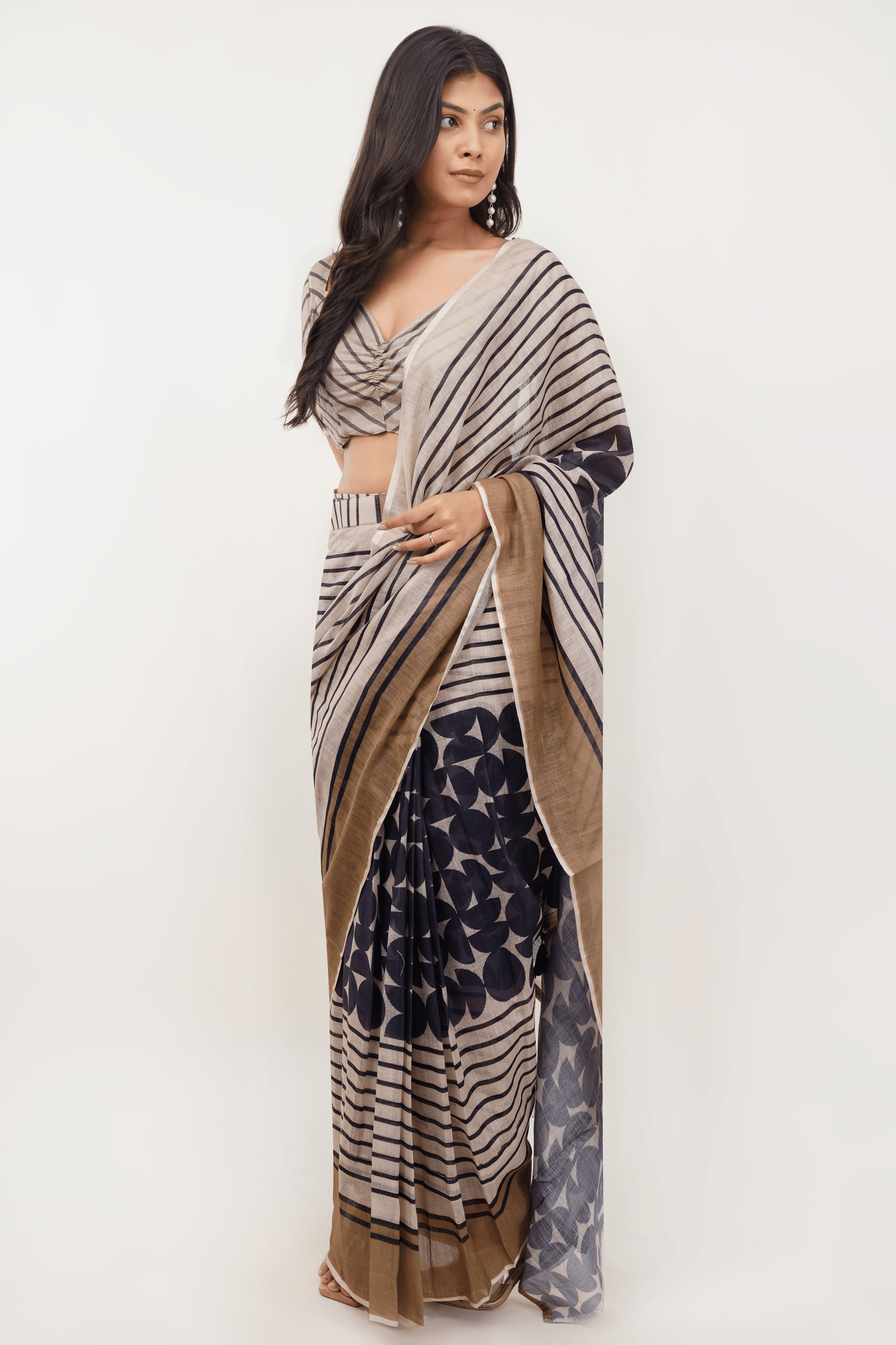 Samantha Sandalwood Beige Printed Ready-to-Wear Linen Saree with Pocket