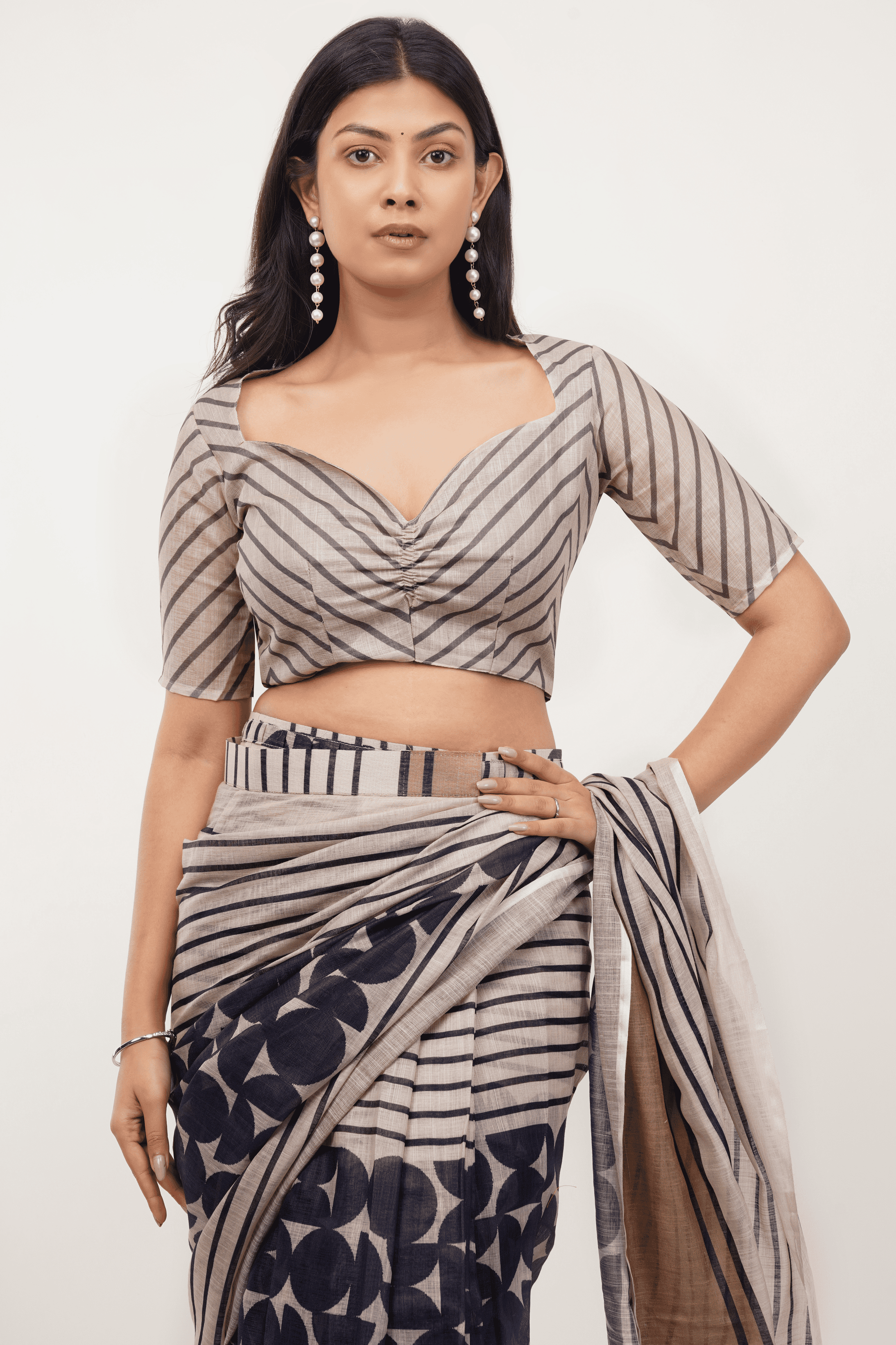 Samantha Sandalwood Beige Printed Ready-to-Wear Linen Saree with Pocket