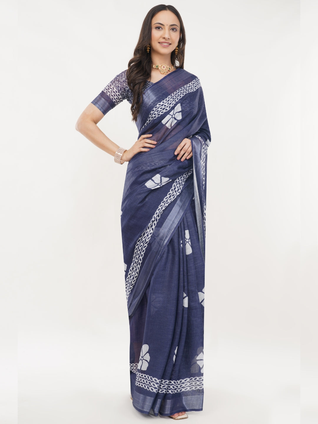 Samantha Off White Blue Rose Botanical Printed Linen Saree with Self-Woven Border