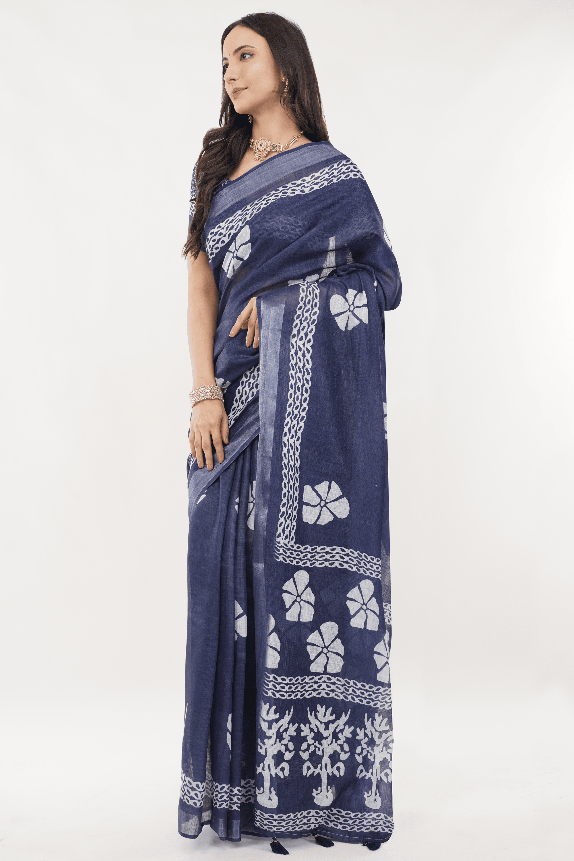 Samantha Off White Blue Rose Botanical Printed Linen Saree with Self-Woven Border