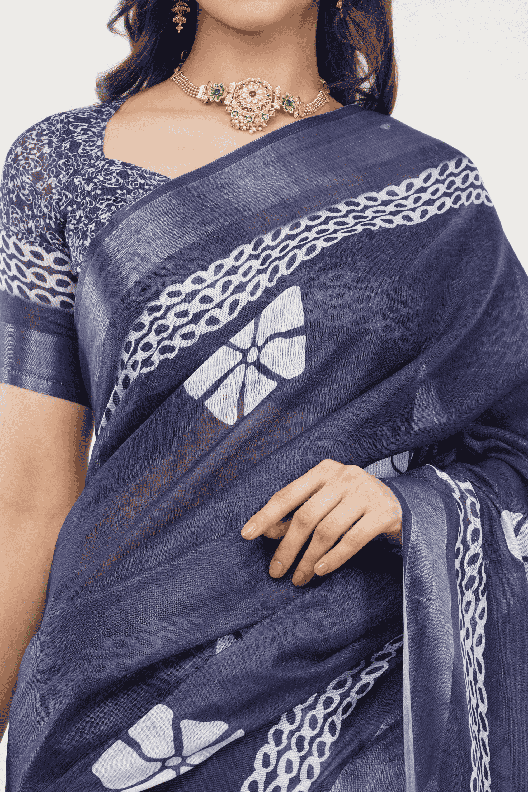 Samantha Off White Blue Rose Botanical Printed Linen Saree with Self-Woven Border
