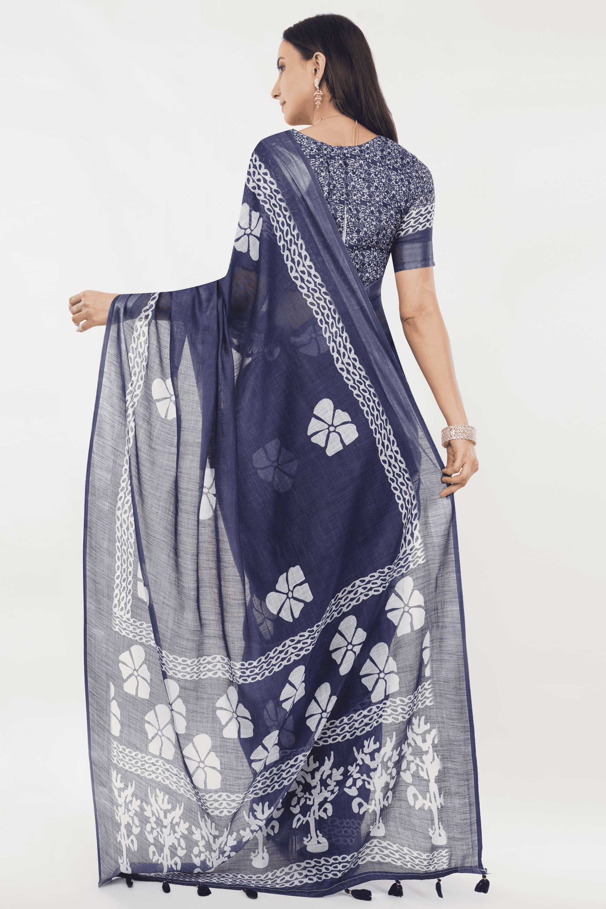 Samantha Off White Blue Rose Botanical Printed Linen Saree with Self-Woven Border