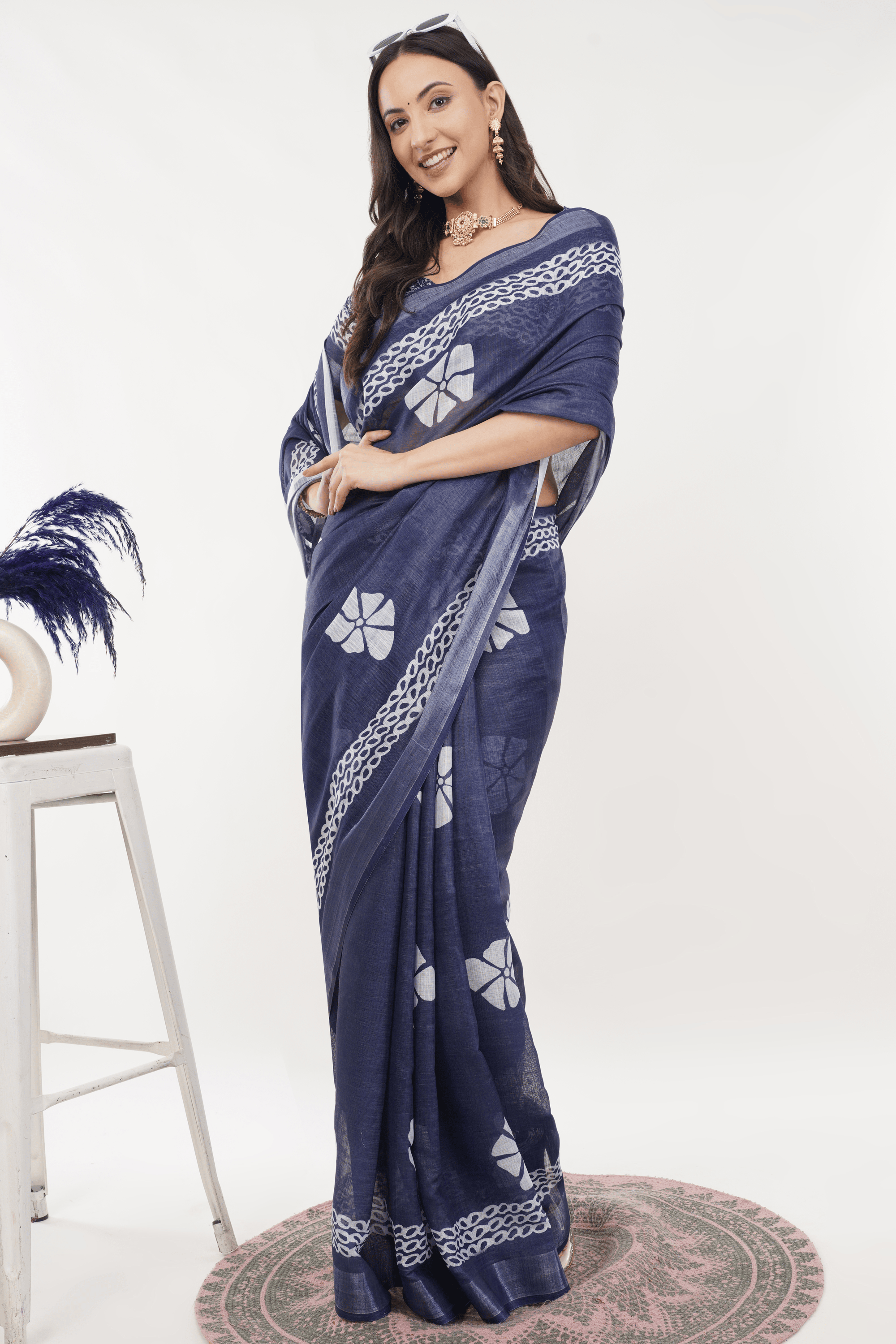 Samantha Off White Blue Rose Botanical Printed Linen Saree with Self-Woven Border