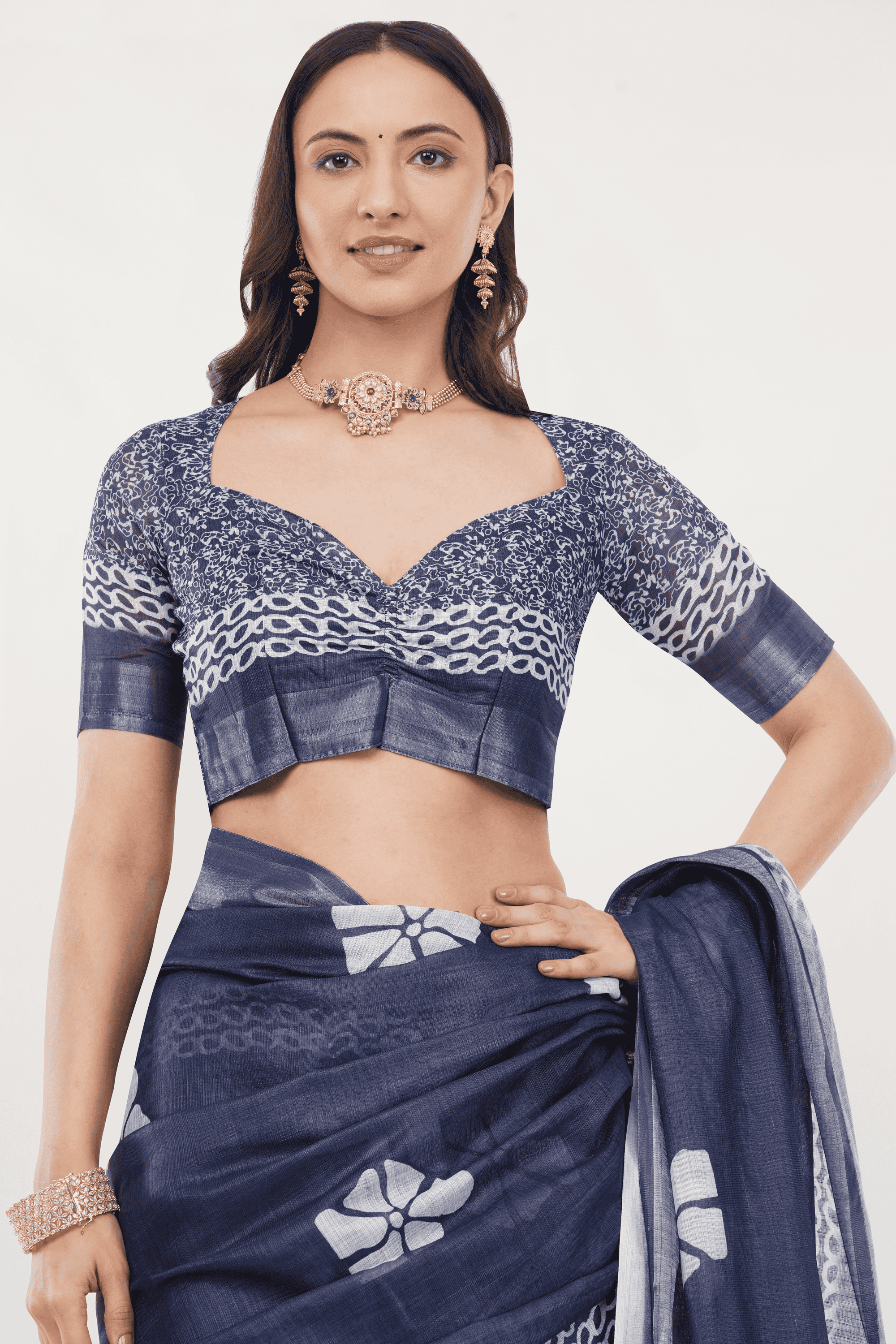 Samantha Off White Blue Rose Botanical Printed Linen Saree with Self-Woven Border