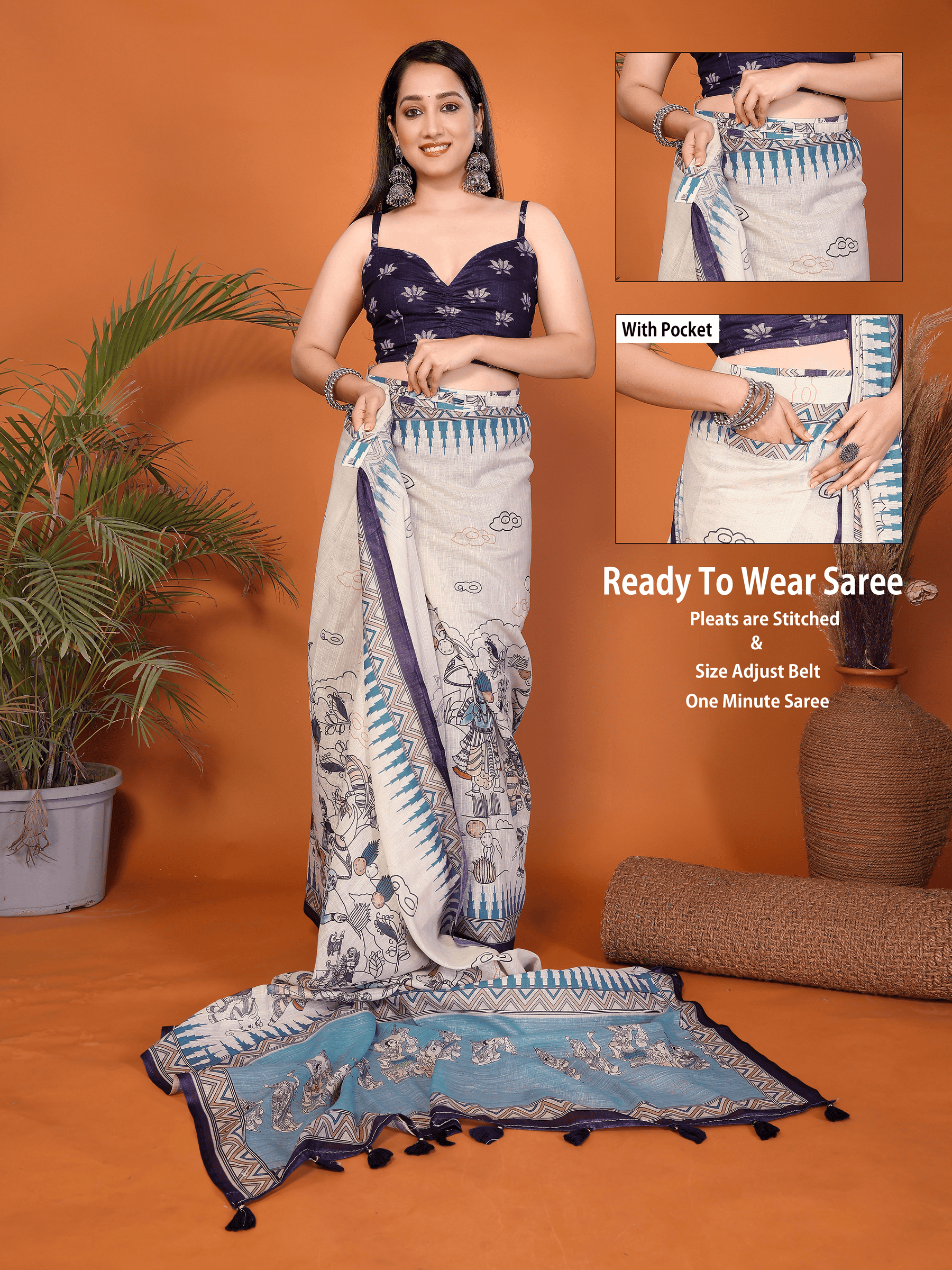 Off-white Pattachitra print ready-to-wear saree with teal pallu, pocket and purple blouse
