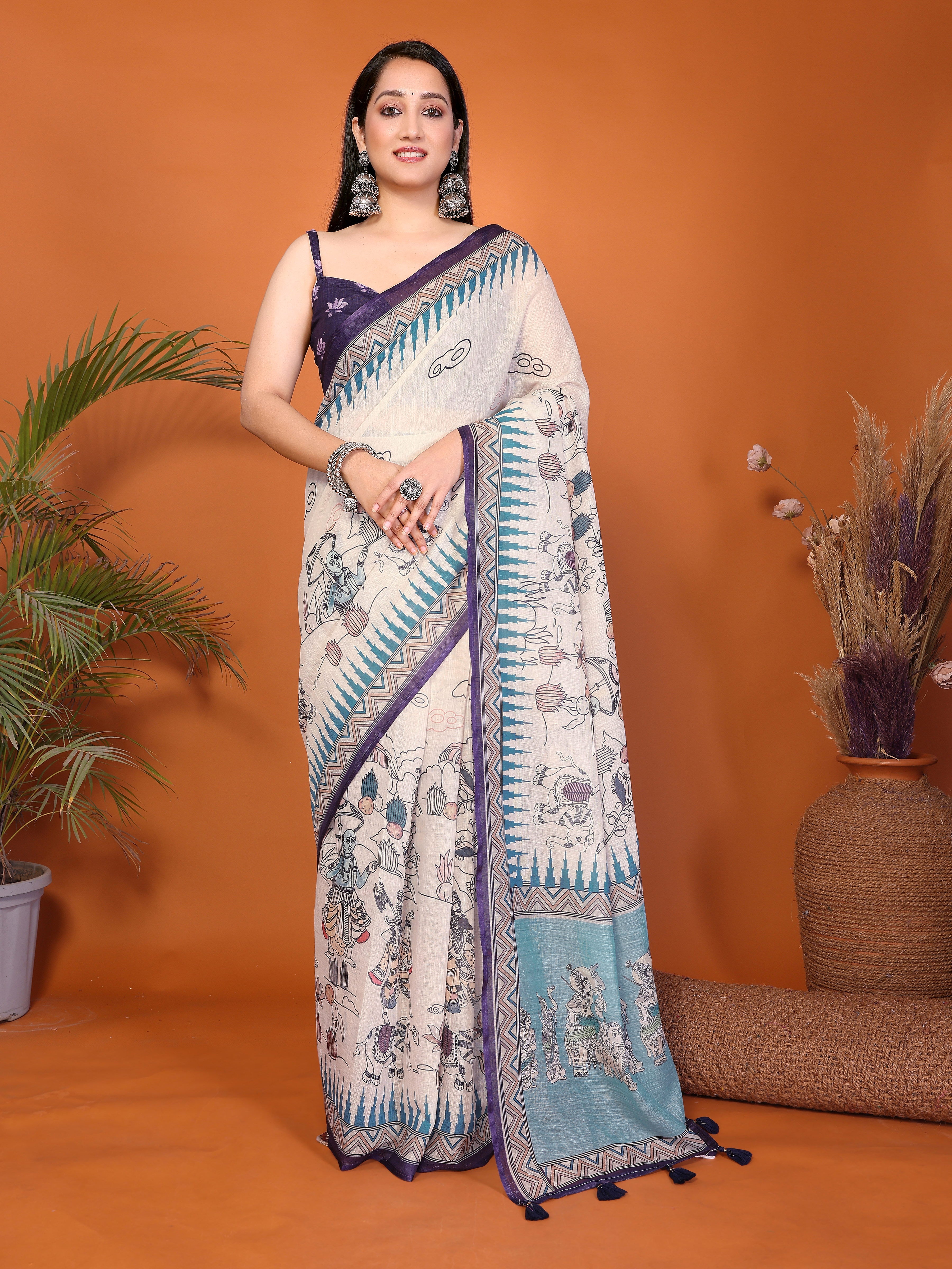 Off-White Pattachitra Print Ready-to-Wear Saree with Teal Pallu, Pocket & Ruched Purple Blouse