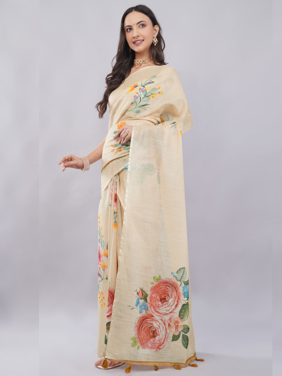Samantha Off White Cream Blush Rose Printed Linen Saree with Self-Woven Border