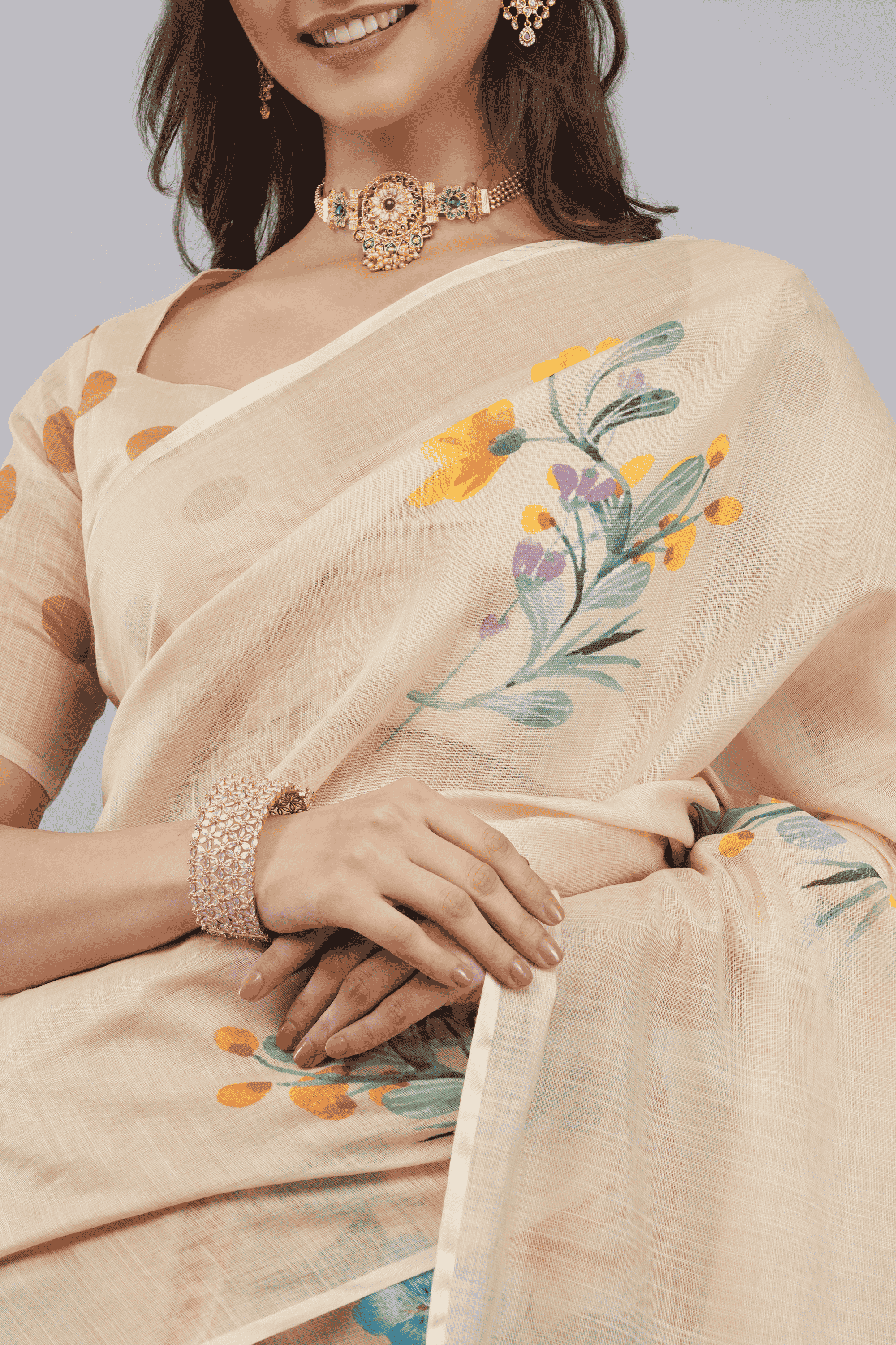 Samantha Off White Cream Blush Rose Printed Linen Saree with Self-Woven Border