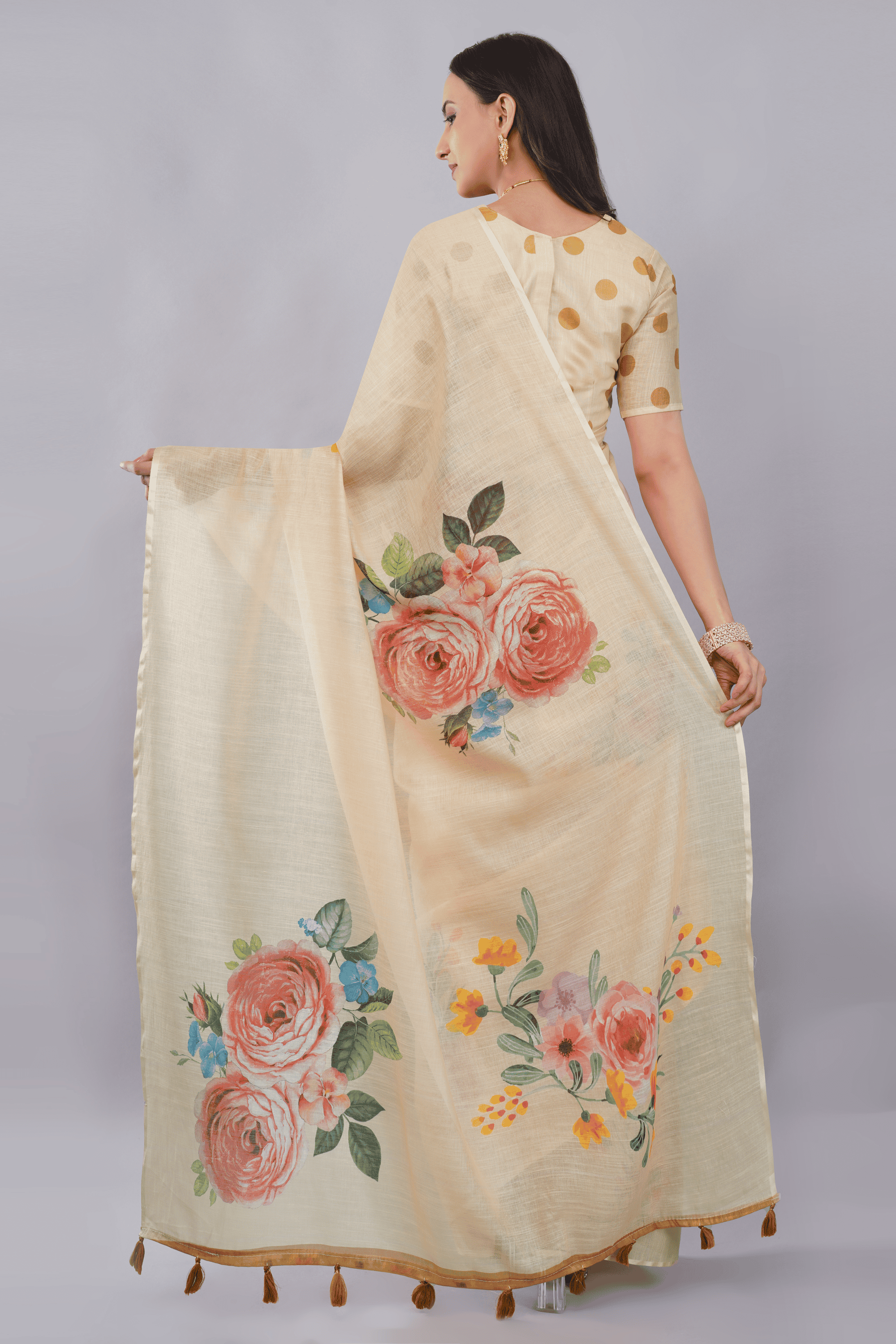 Samantha Off White Cream Blush Rose Printed Linen Saree with Self-Woven Border