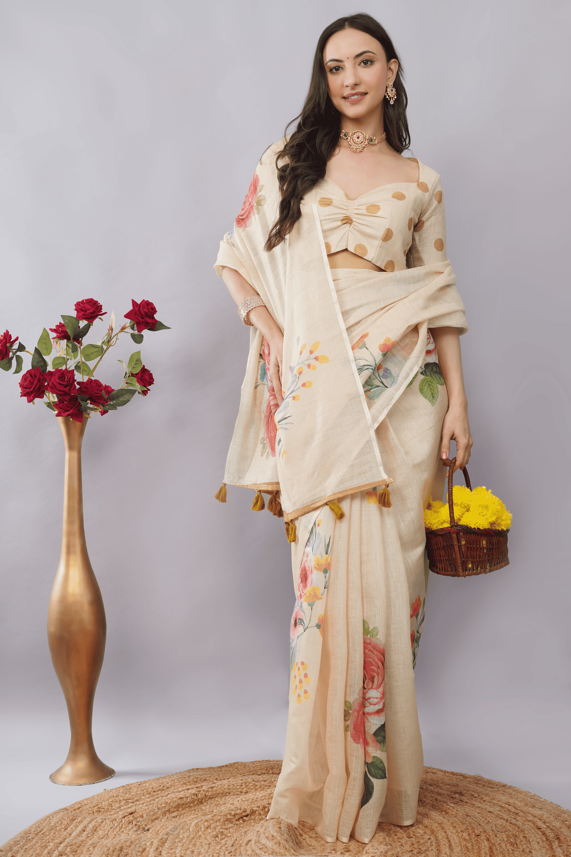 Samantha Off White Cream Blush Rose Printed Linen Saree with Self-Woven Border
