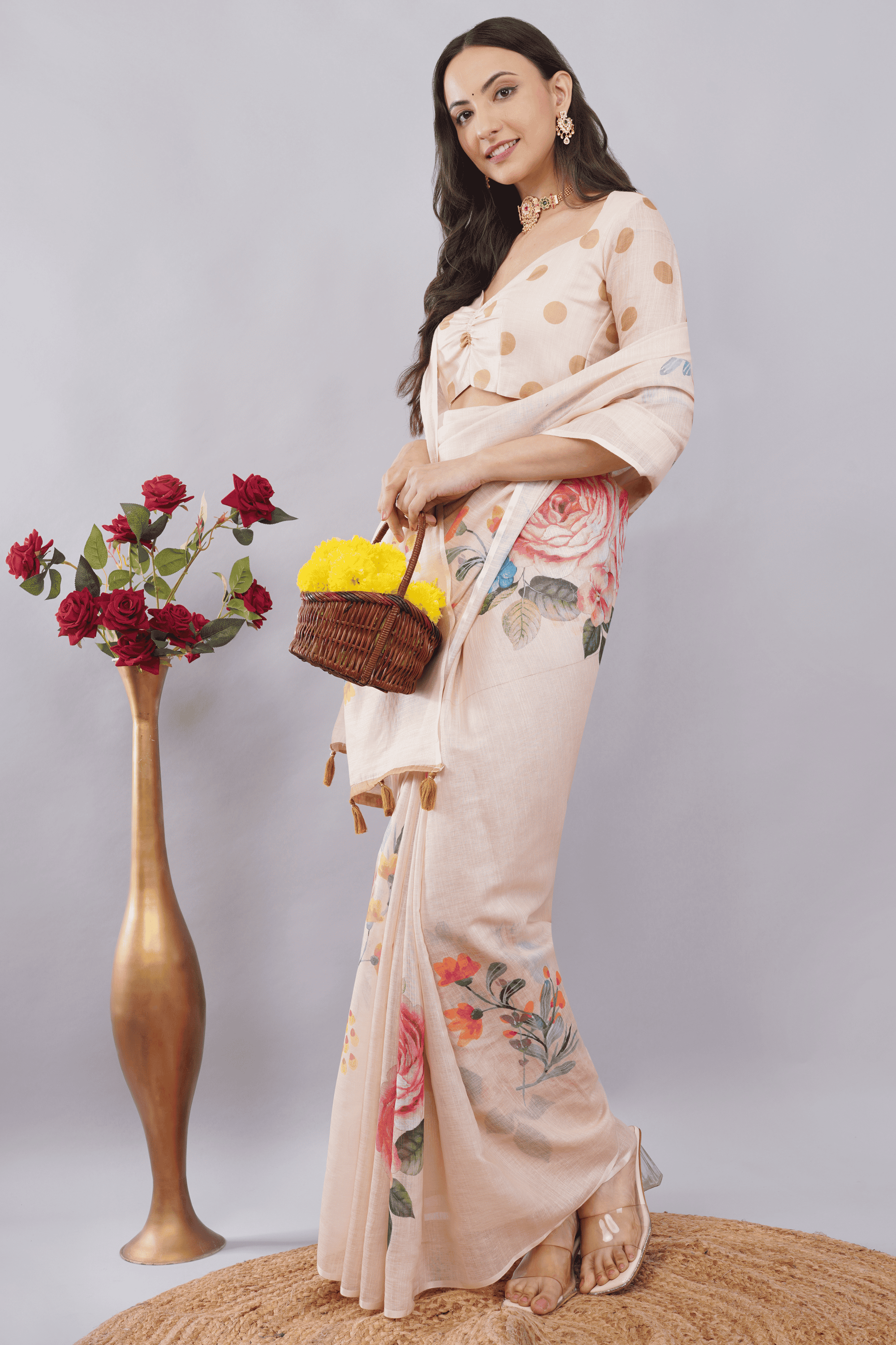 Samantha Off White Cream Blush Rose Printed Linen Saree with Self-Woven Border
