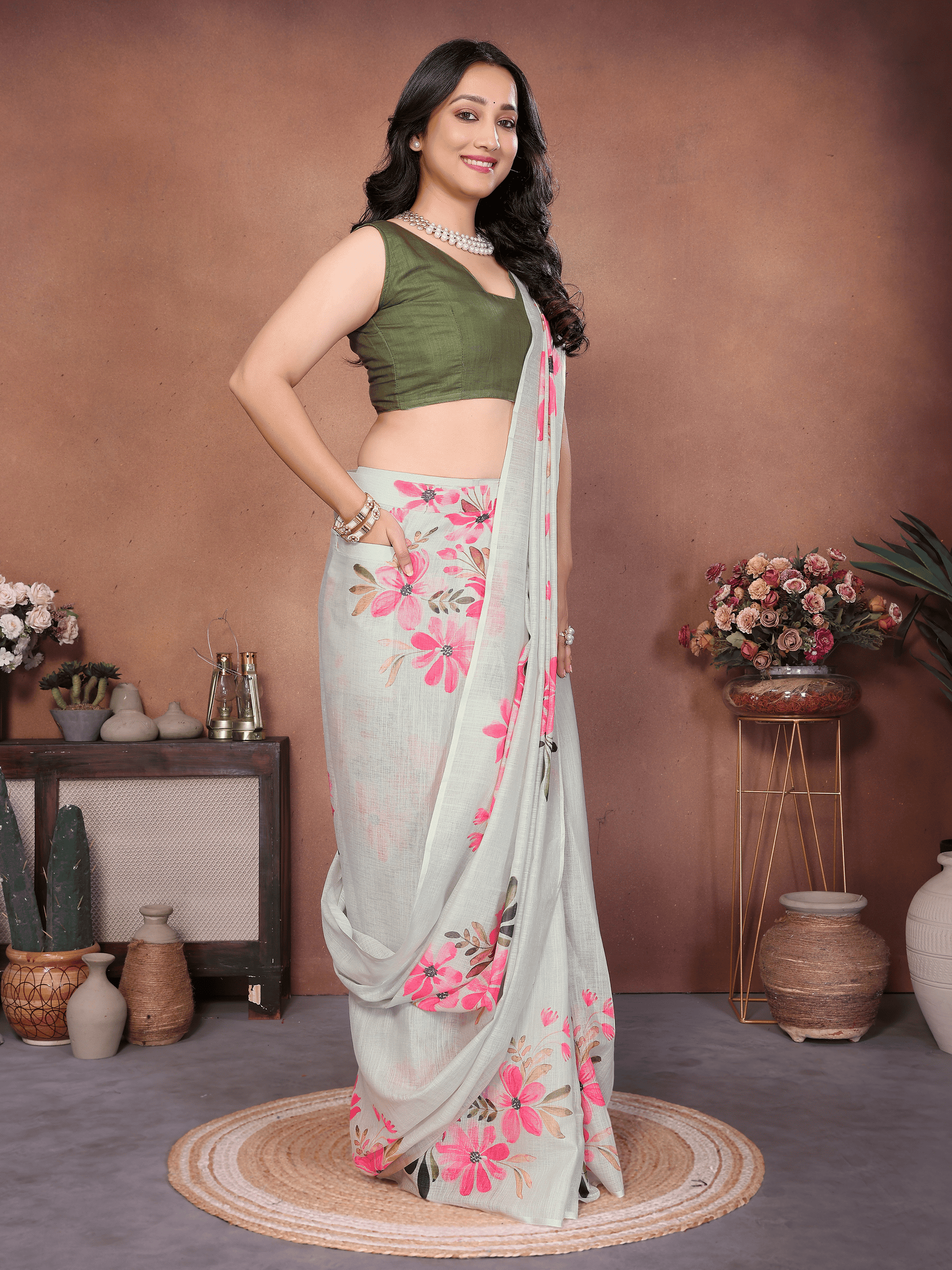 Off-White Floral Ready-to-Wear Saree with Pink Print, Pocket and Tassels