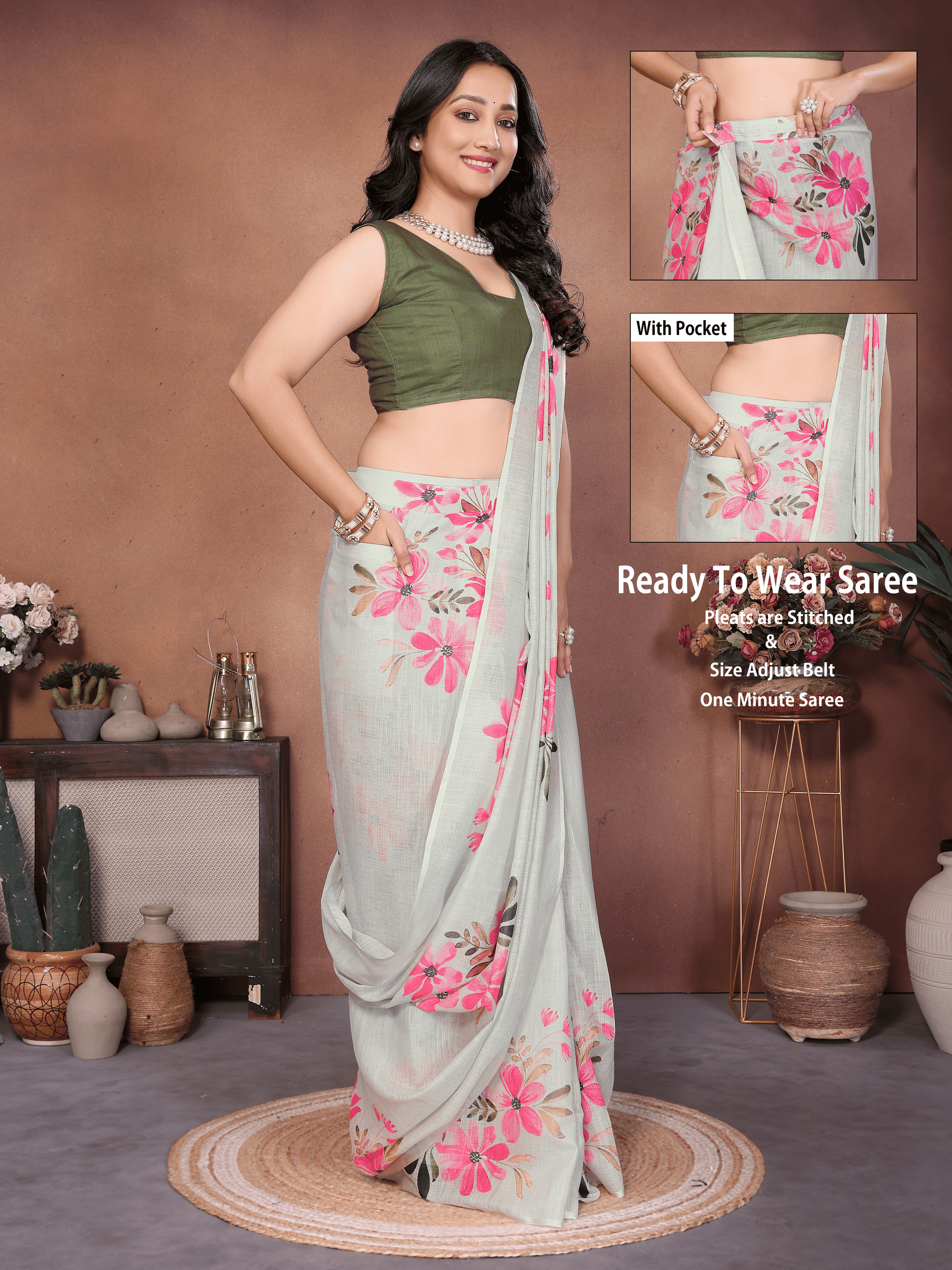 Off-white floral ready-to-wear saree with pink print, tassels and side pocket