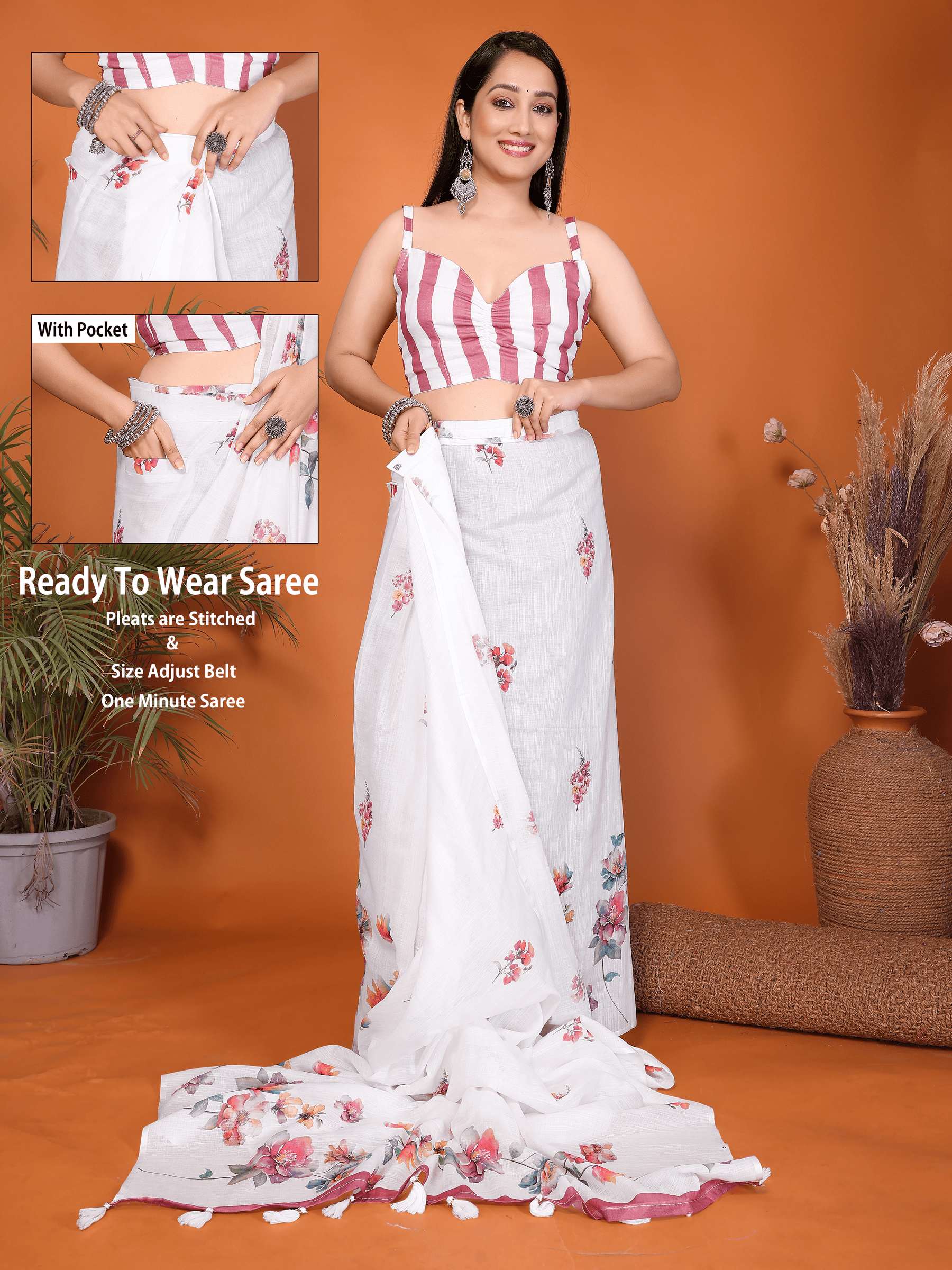 Off-white floral ready-to-wear saree with maroon border, tassels and side pocket