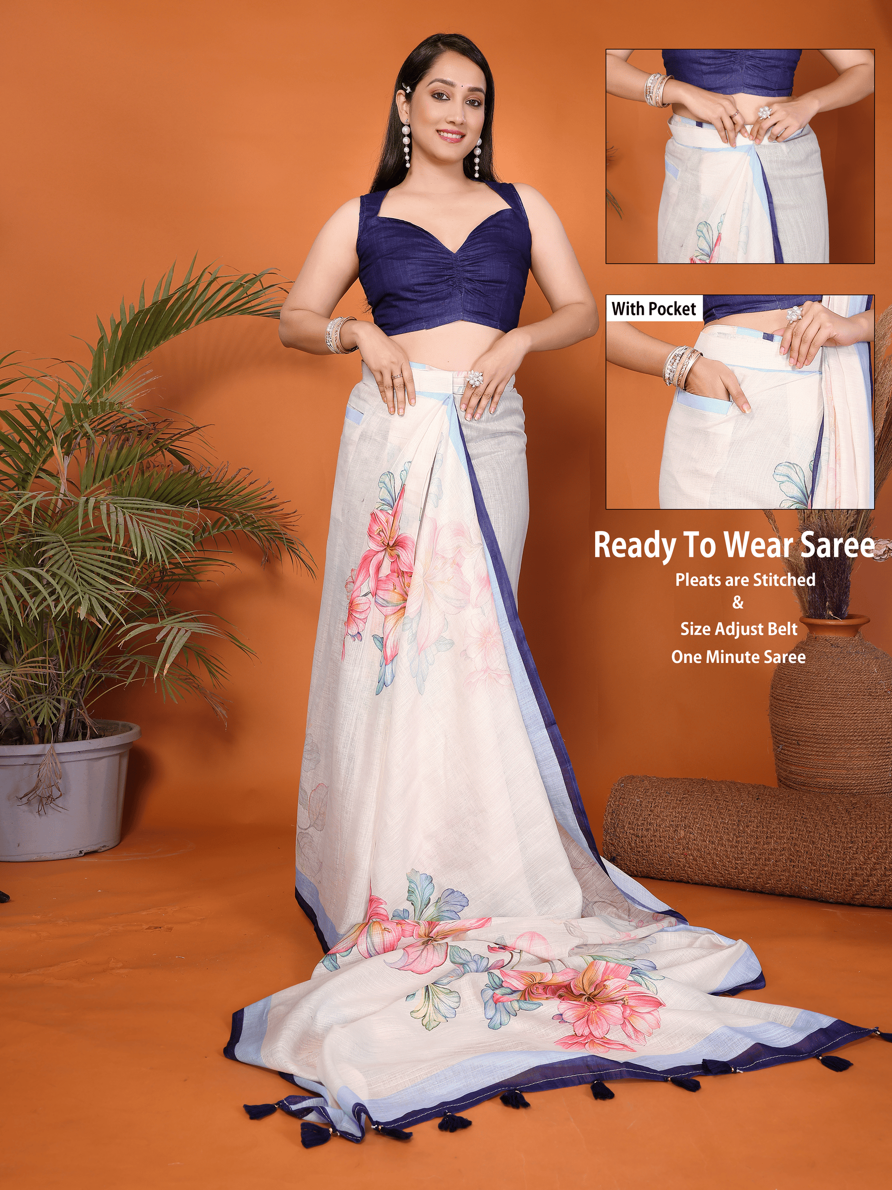 Cream white floral ready-to-wear saree with blue border, tassels and side pocket