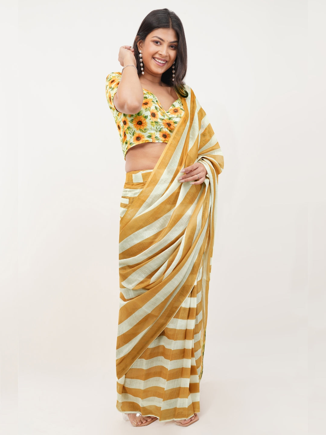 Samantha Sandalwood Sunflower Printed Ready-to-Wear Linen Saree with Pocket