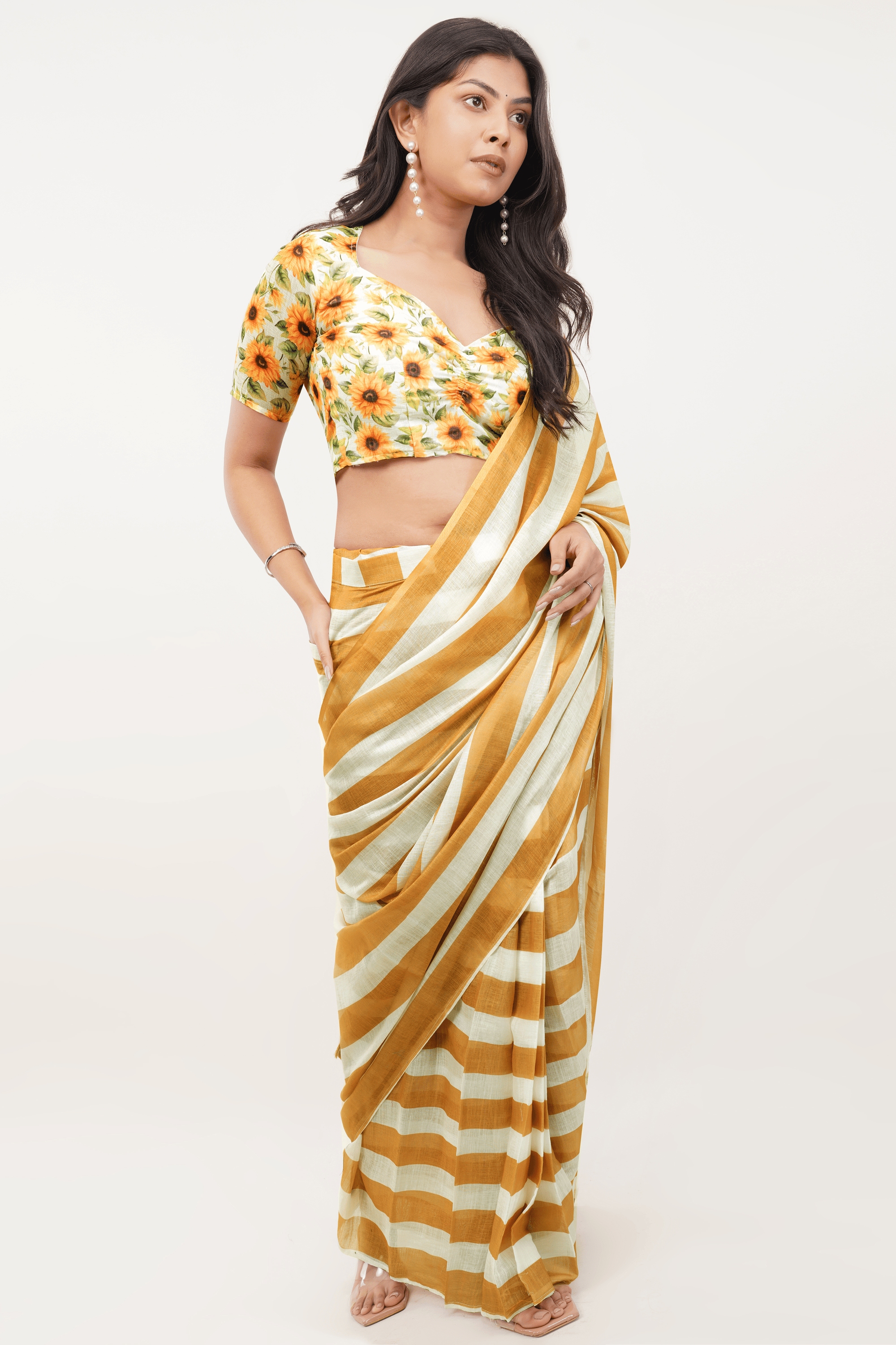 Samantha Sandalwood Sunflower Printed Ready-to-Wear Linen Saree with Pocket
