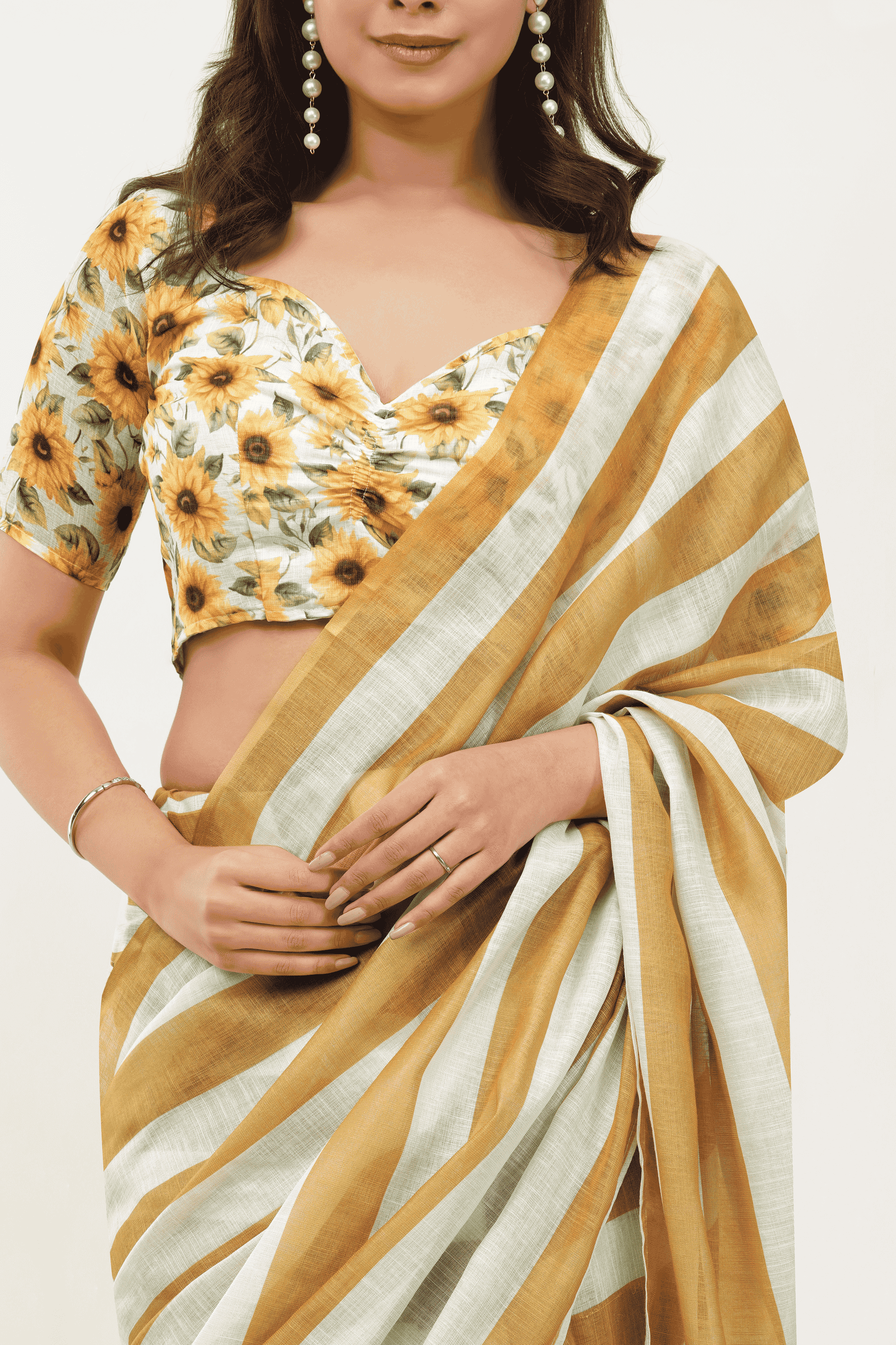 Samantha Sandalwood Sunflower Printed Ready-to-Wear Linen Saree with Pocket