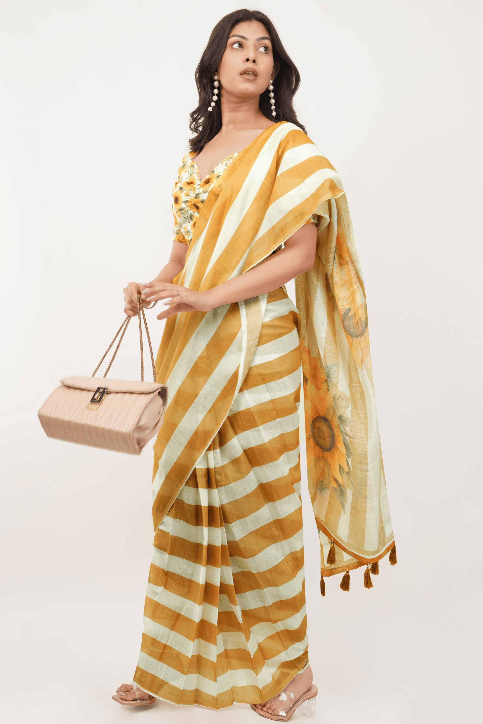 Samantha Sandalwood Sunflower Printed Ready-to-Wear Linen Saree with Pocket