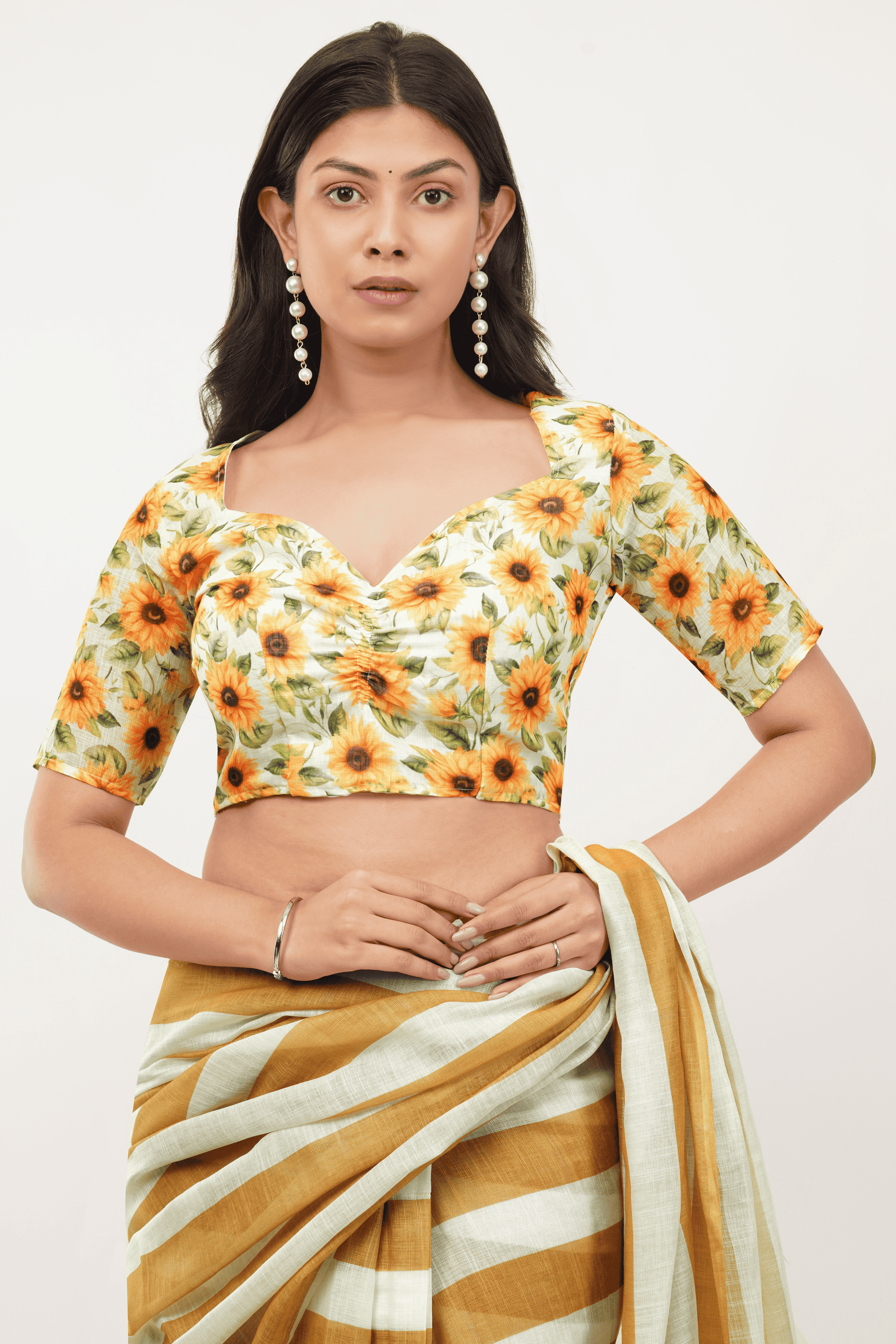 Samantha Sandalwood Sunflower Printed Ready-to-Wear Linen Saree with Pocket