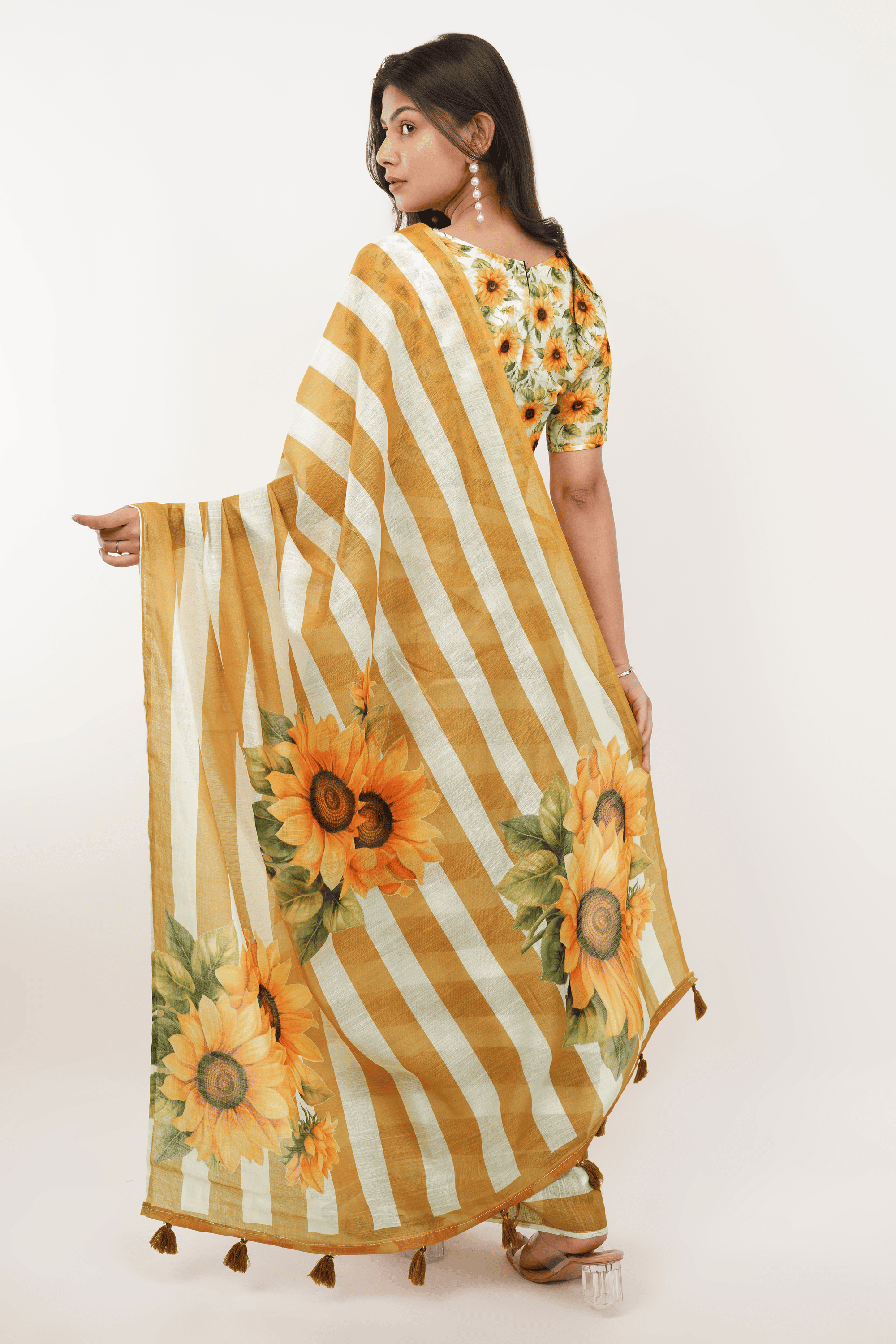 Samantha Sandalwood Sunflower Printed Ready-to-Wear Linen Saree with Pocket