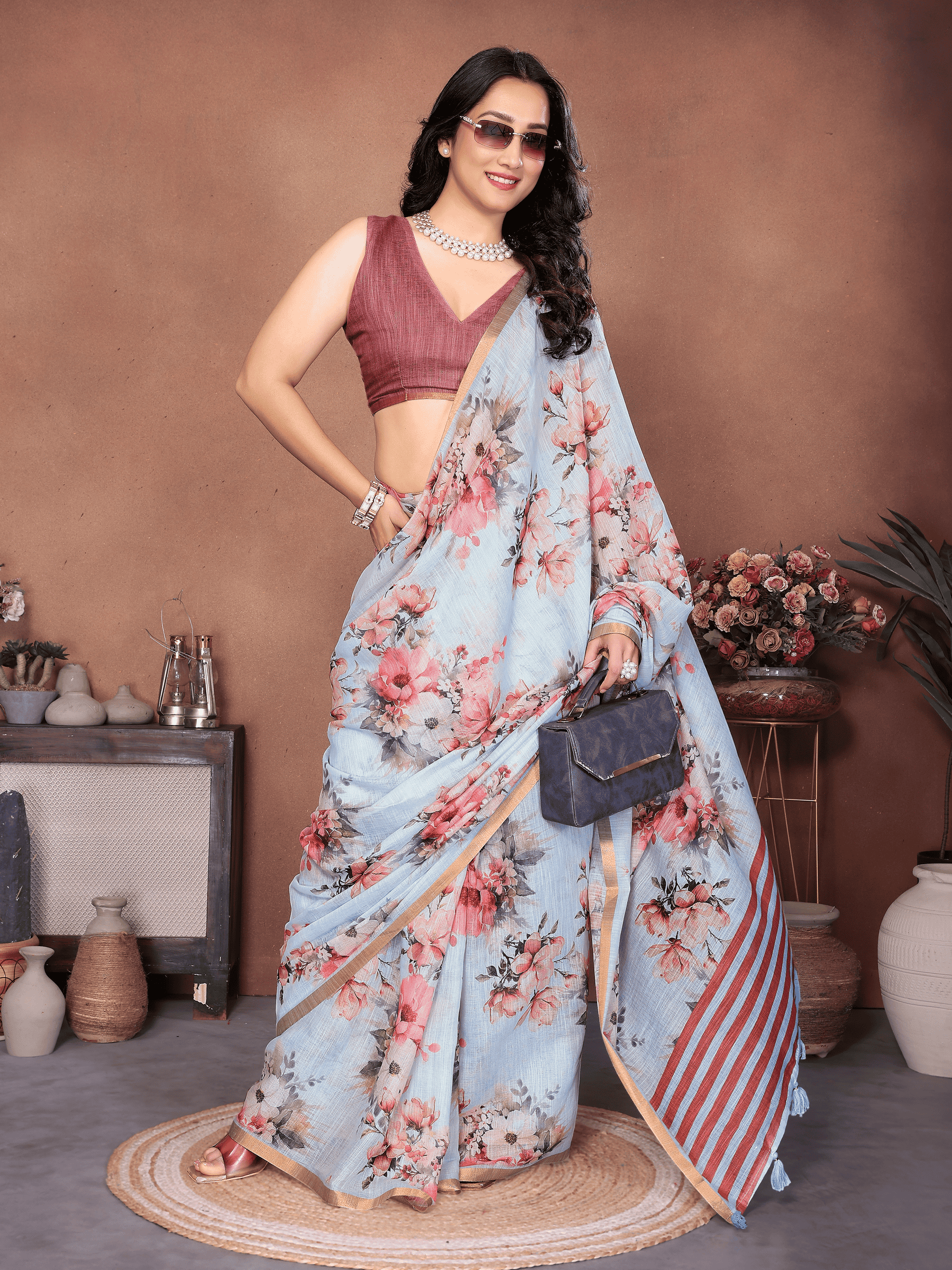 Powder Blue Floral Ready-to-Wear Saree with Striped Pallu, Gold Border and Pocket