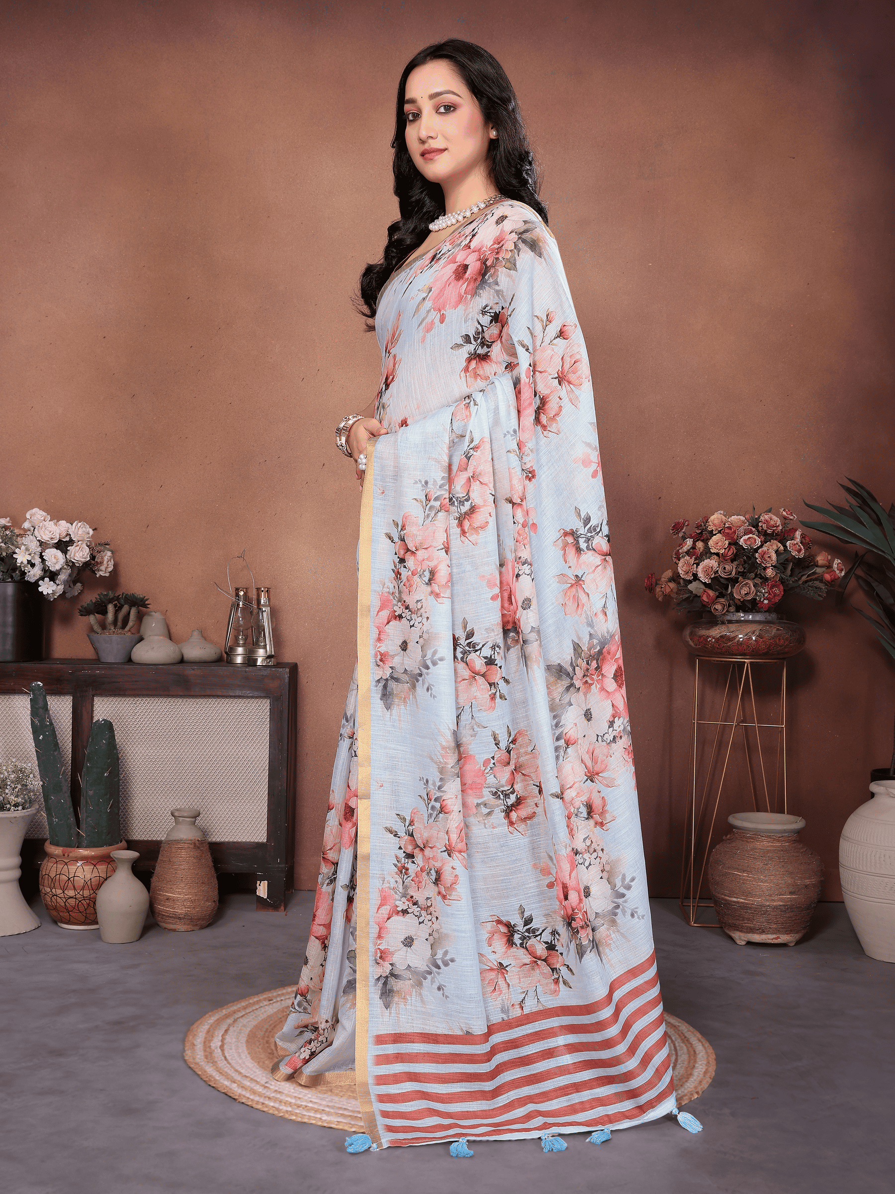 Powder Blue Floral Ready-to-Wear Saree with Striped Pallu, Gold Border and Pocket