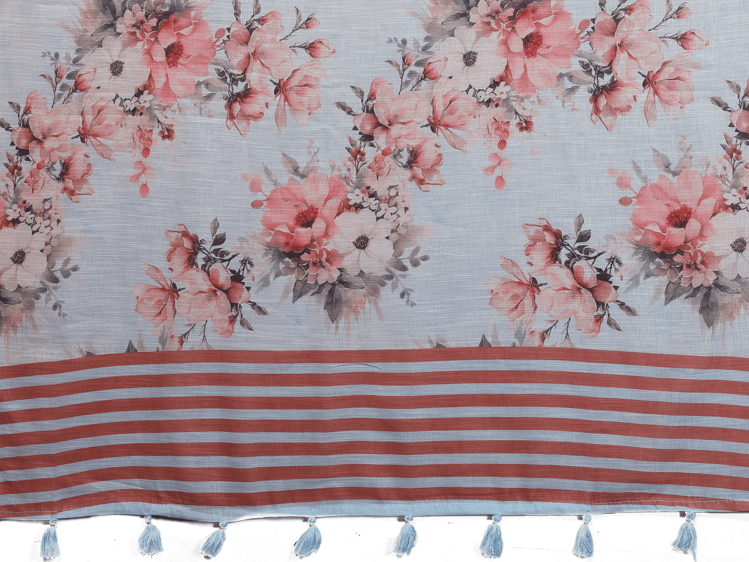 Powder Blue Floral Ready-to-Wear Saree with Striped Pallu, Gold Border and Pocket