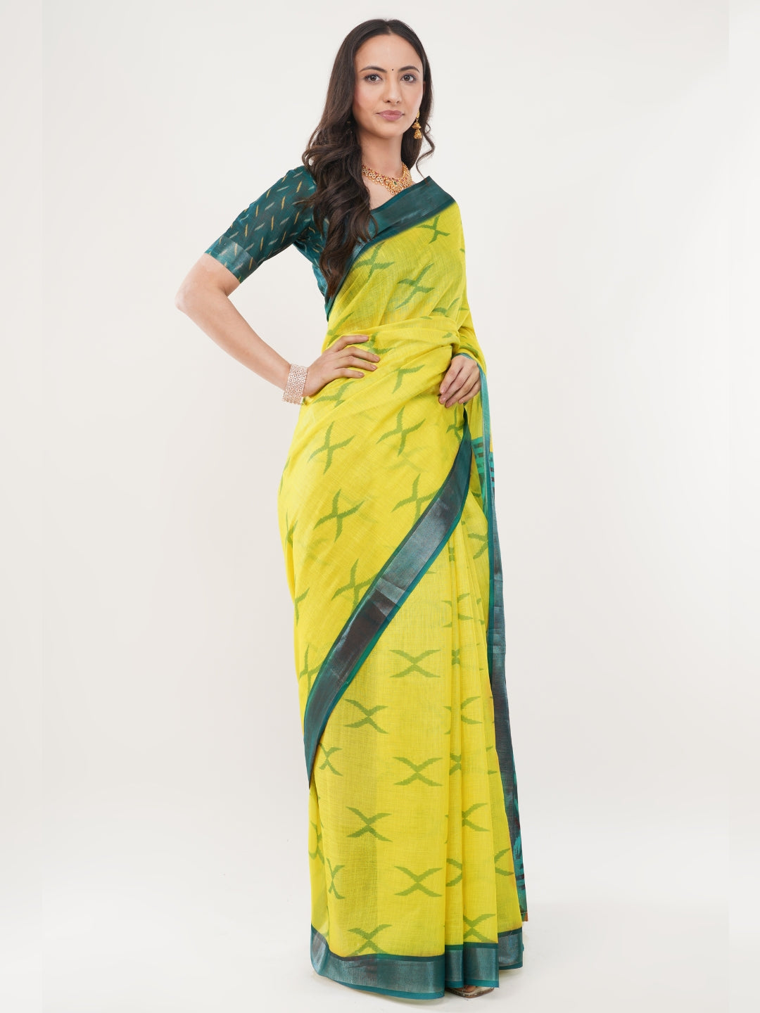 Samantha Off White Green Botanical Rose Printed Linen Saree with Self-Woven Border