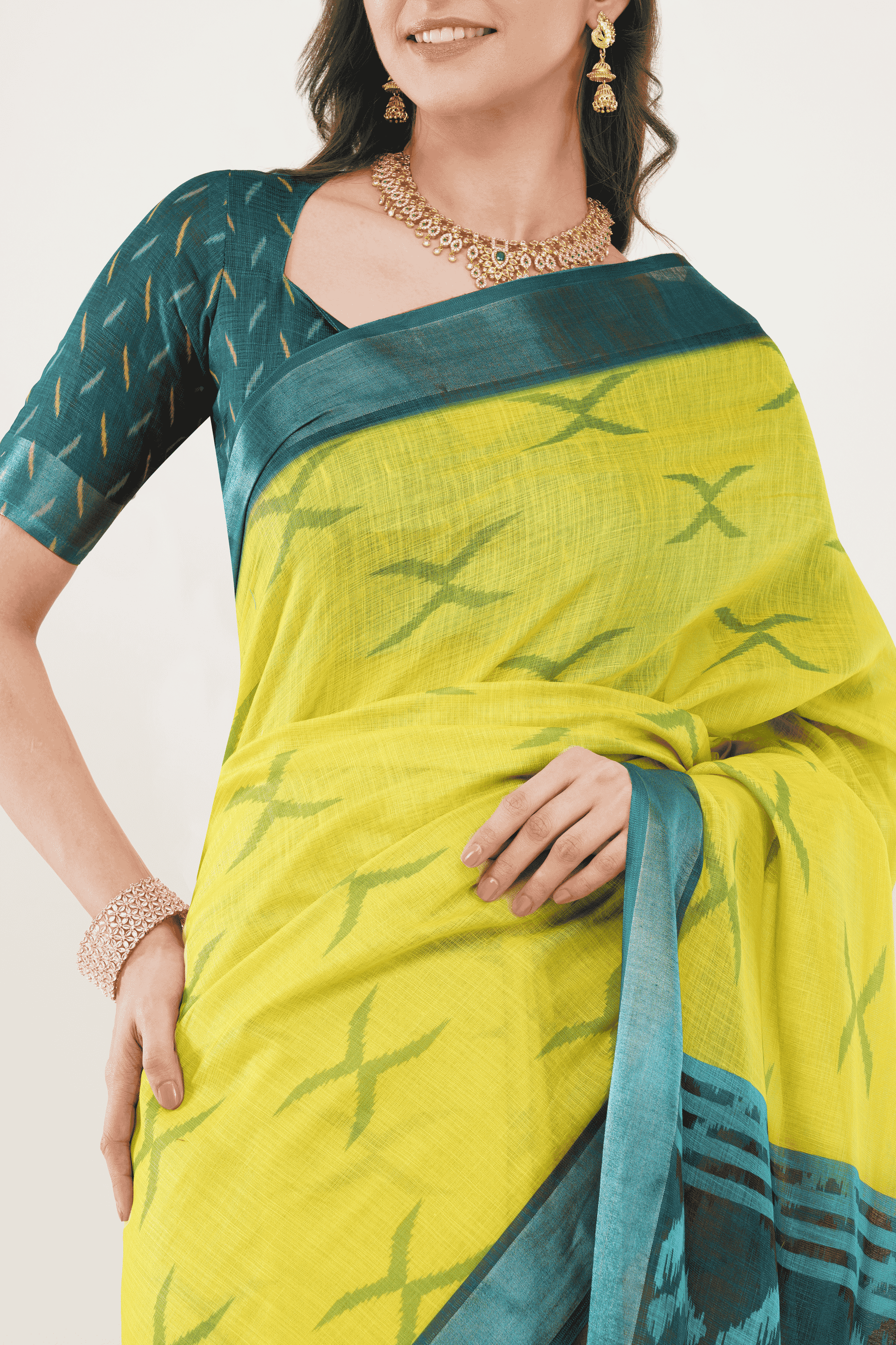 Samantha Off White Green Botanical Rose Printed Linen Saree with Self-Woven Border