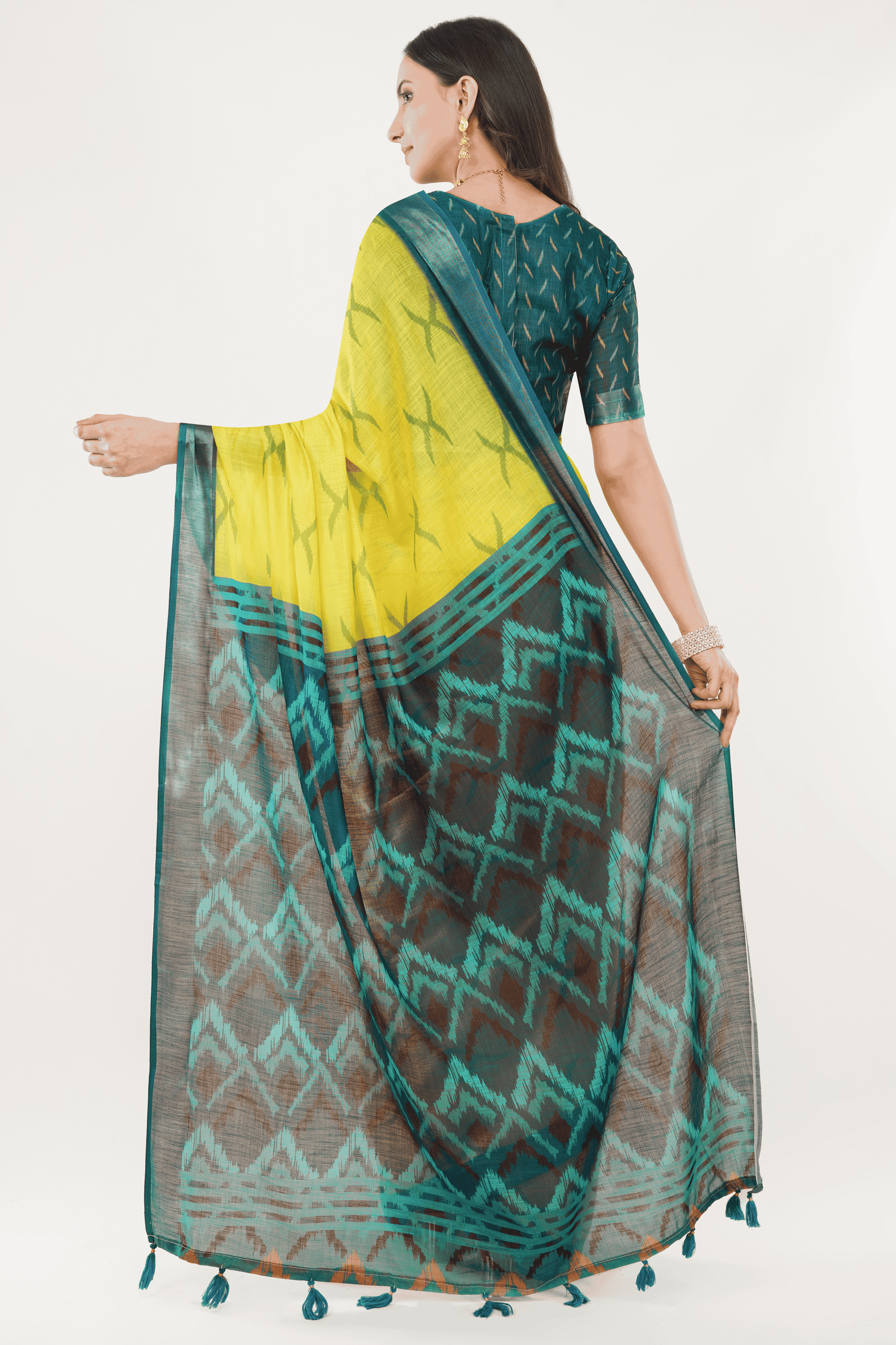 Samantha Off White Green Botanical Rose Printed Linen Saree with Self-Woven Border